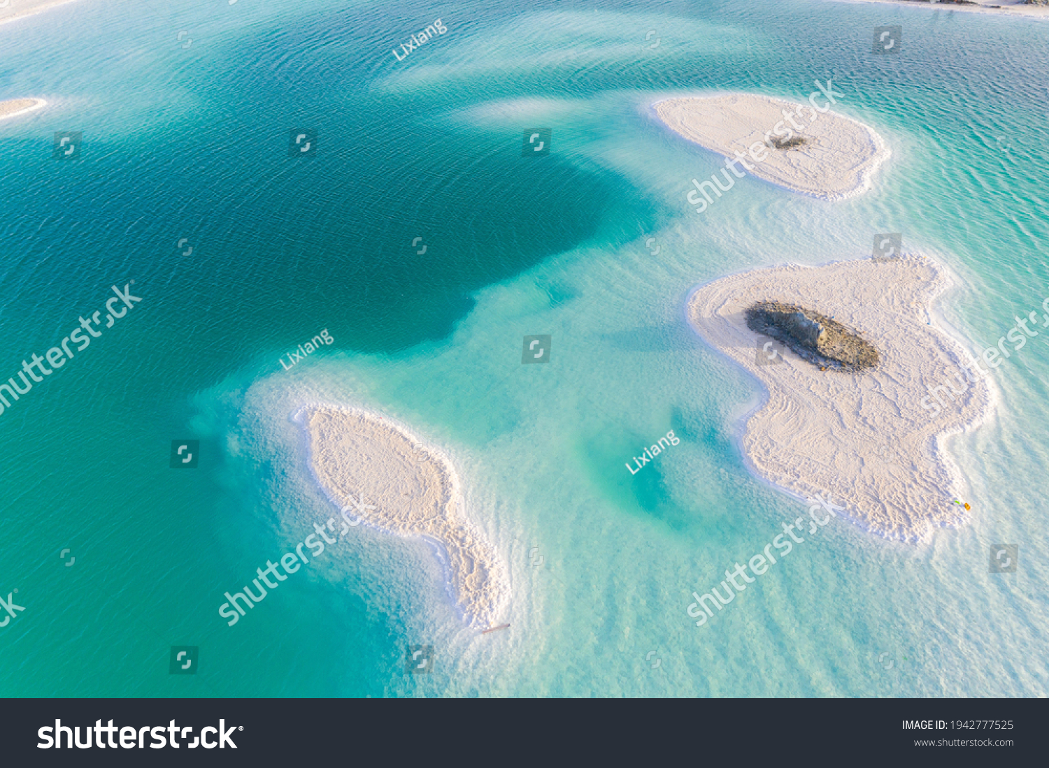 Aerial view of Feicui lake which is a salt lake in Qinghai  China.