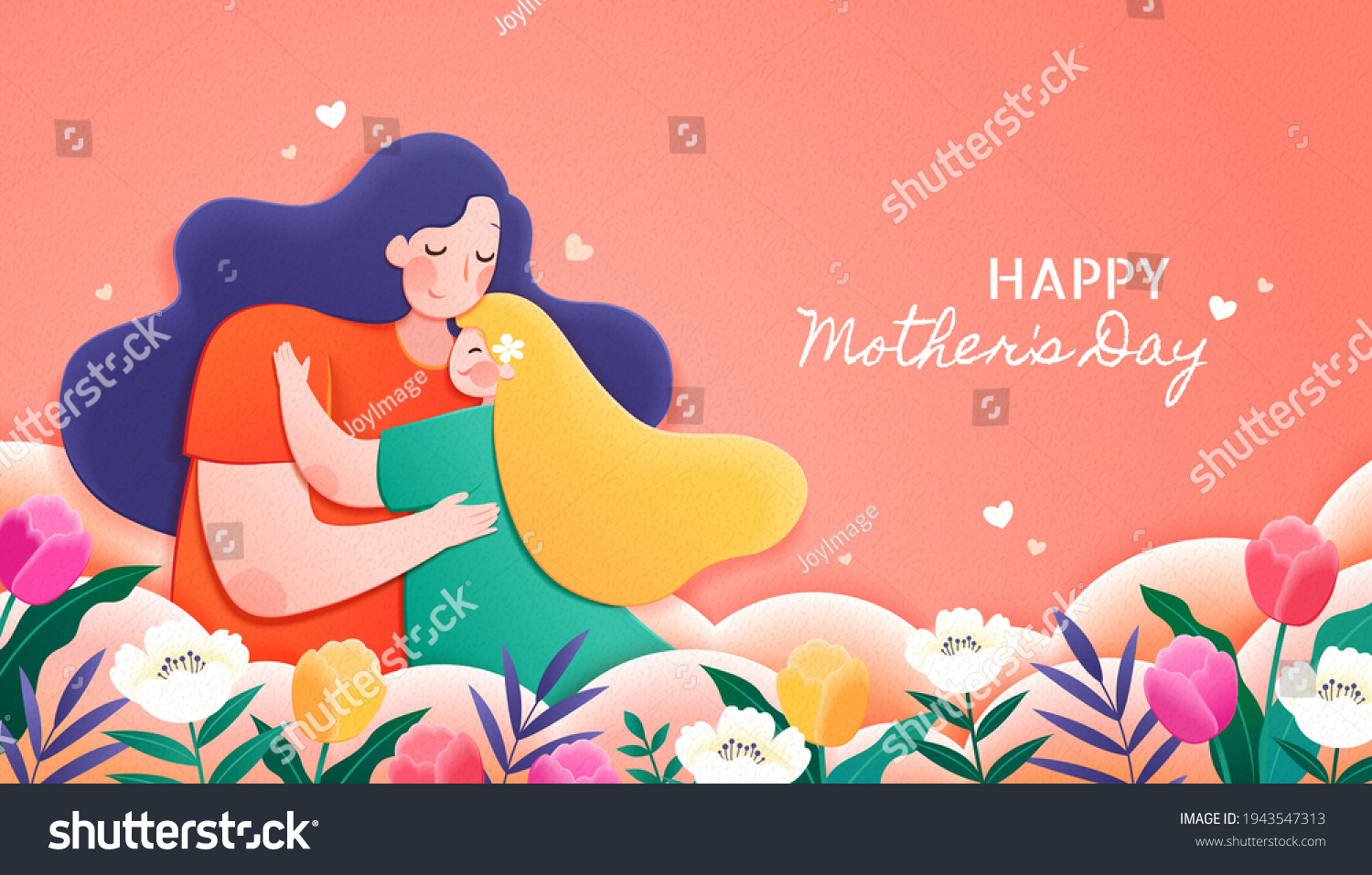 Mother hugs her child showing good motherhood  and the girl relies comfortably on her shoulder. Designed in flat style.