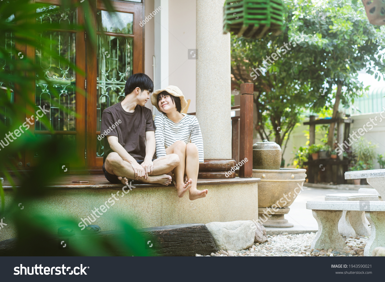 Young adult asian lover couple together living at home concept. Sitting ...