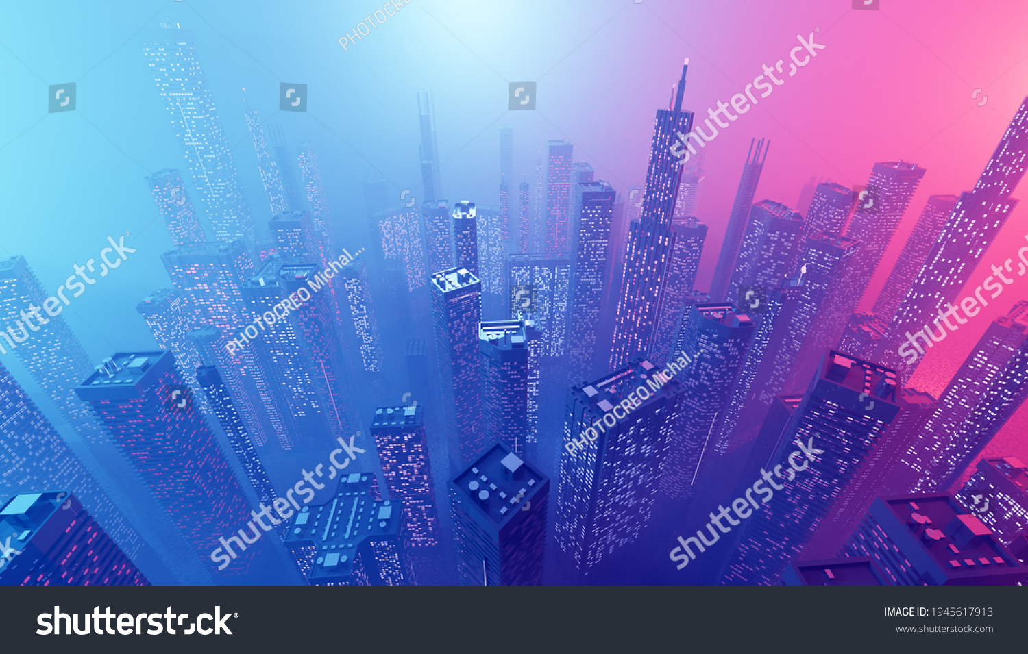 未来的城市市中心 有摩天大楼的网络朋克灯。 3D插图