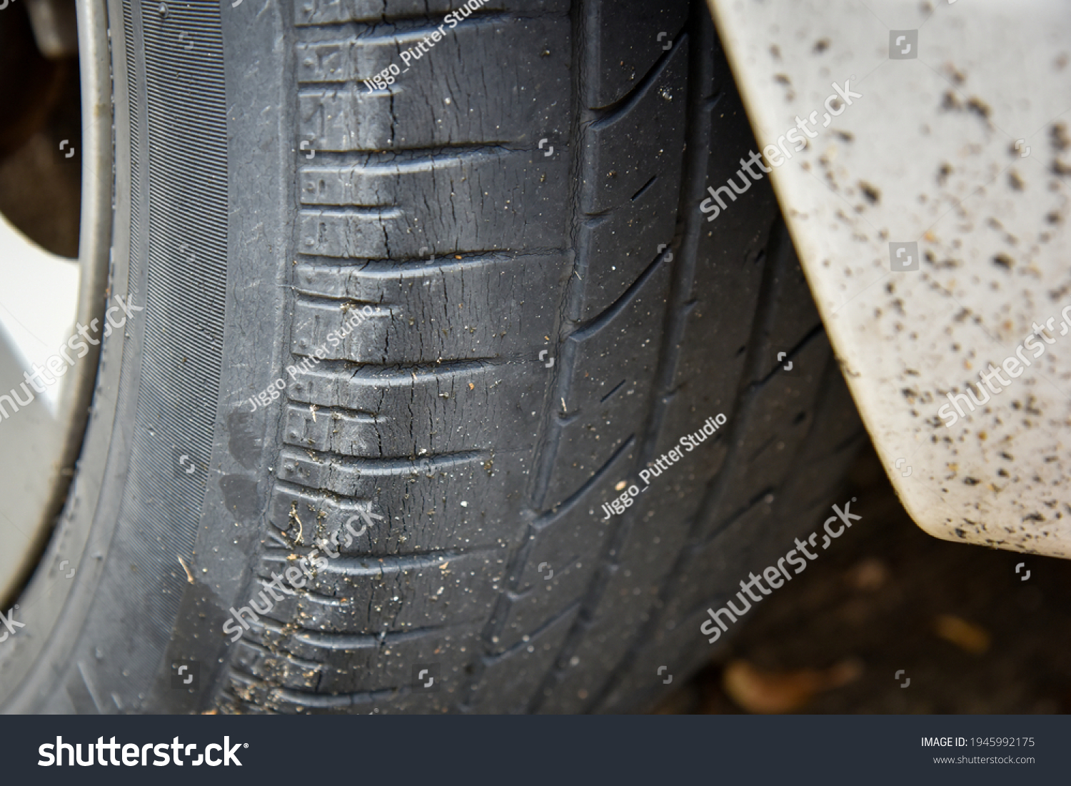 tire tread with damaged scratch worn tire tread in the car wheel