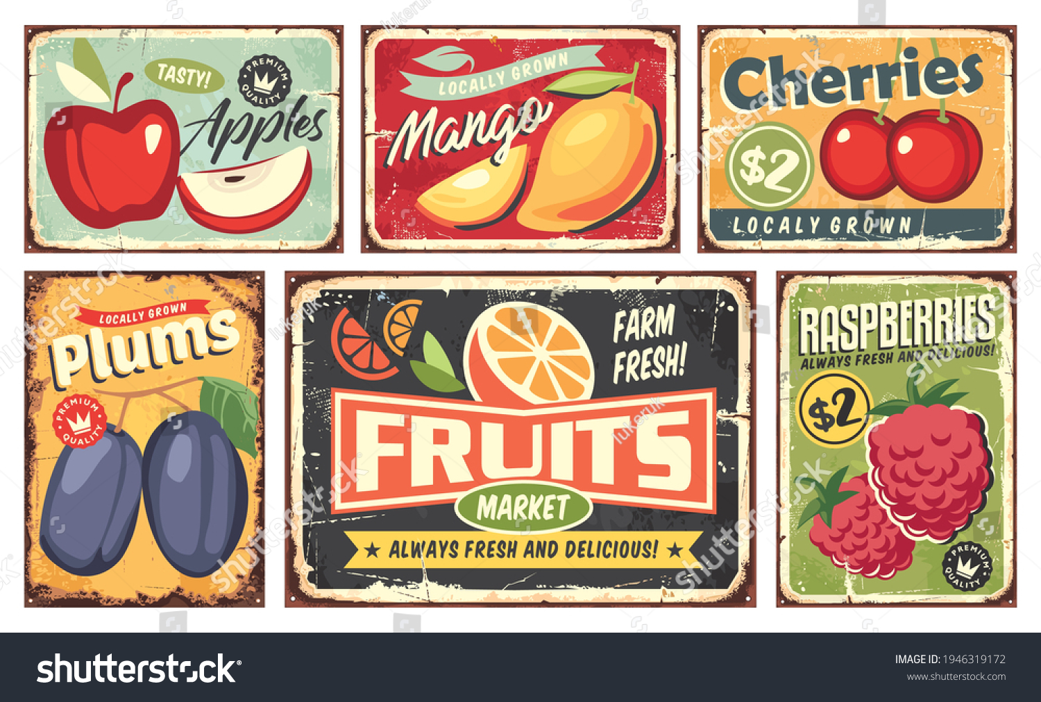 Fruit market vintage signs collection. Apple  mango  cherry  orange  plum and raspberry retro posters set. Fruit plantation and farm vectors and sign labels.