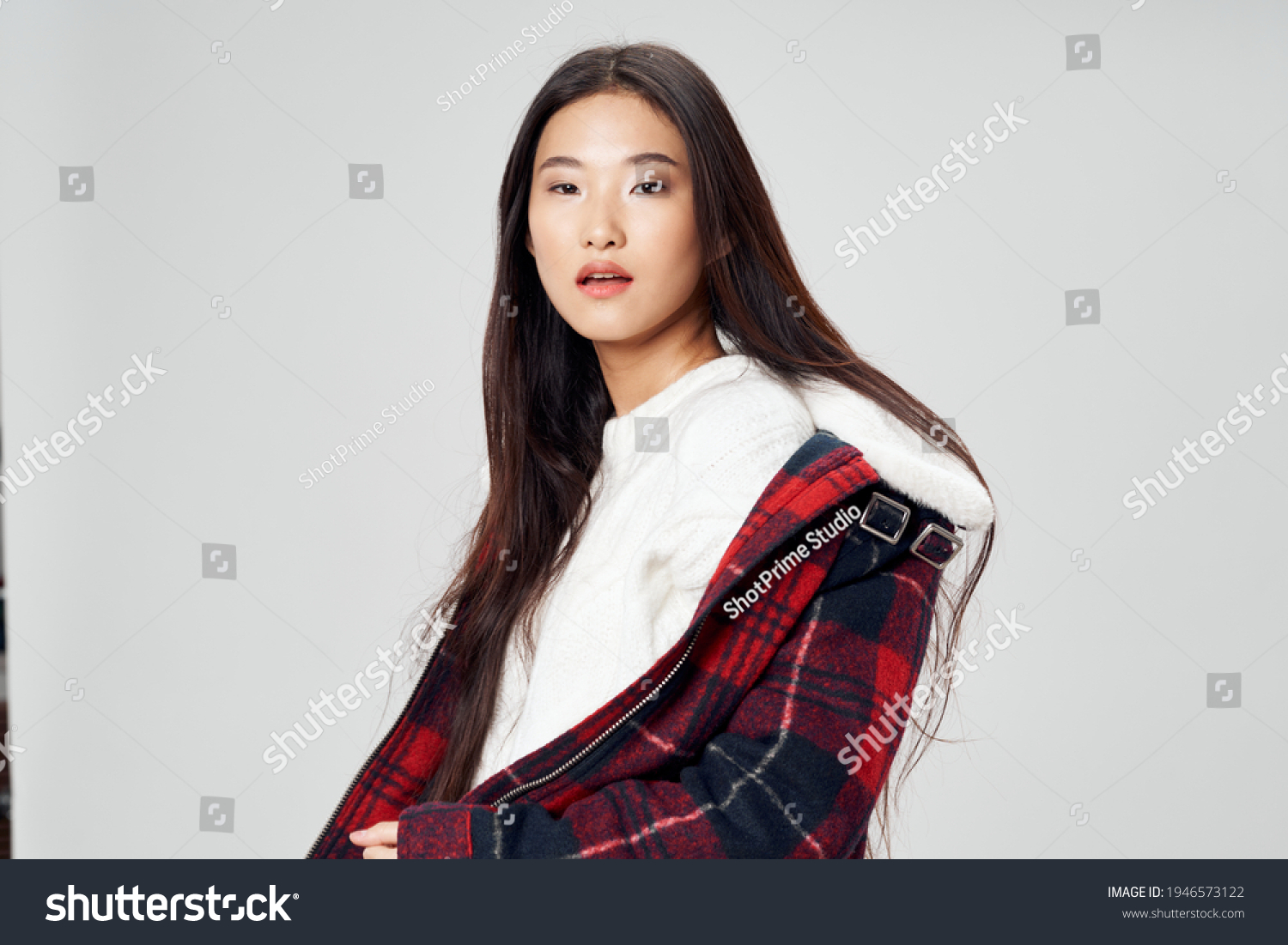 woman asian appearance winter jacket fashion isolated background