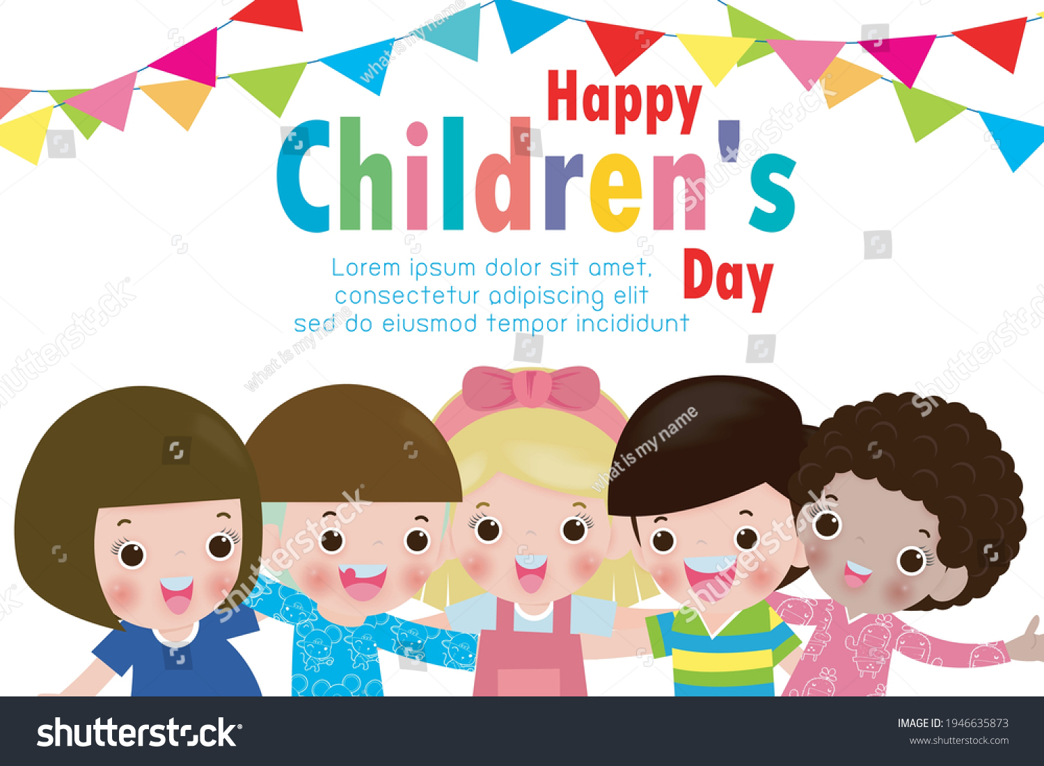 Happy children's day background poster with happy Children hug their neck and jump isolated vector illustration
