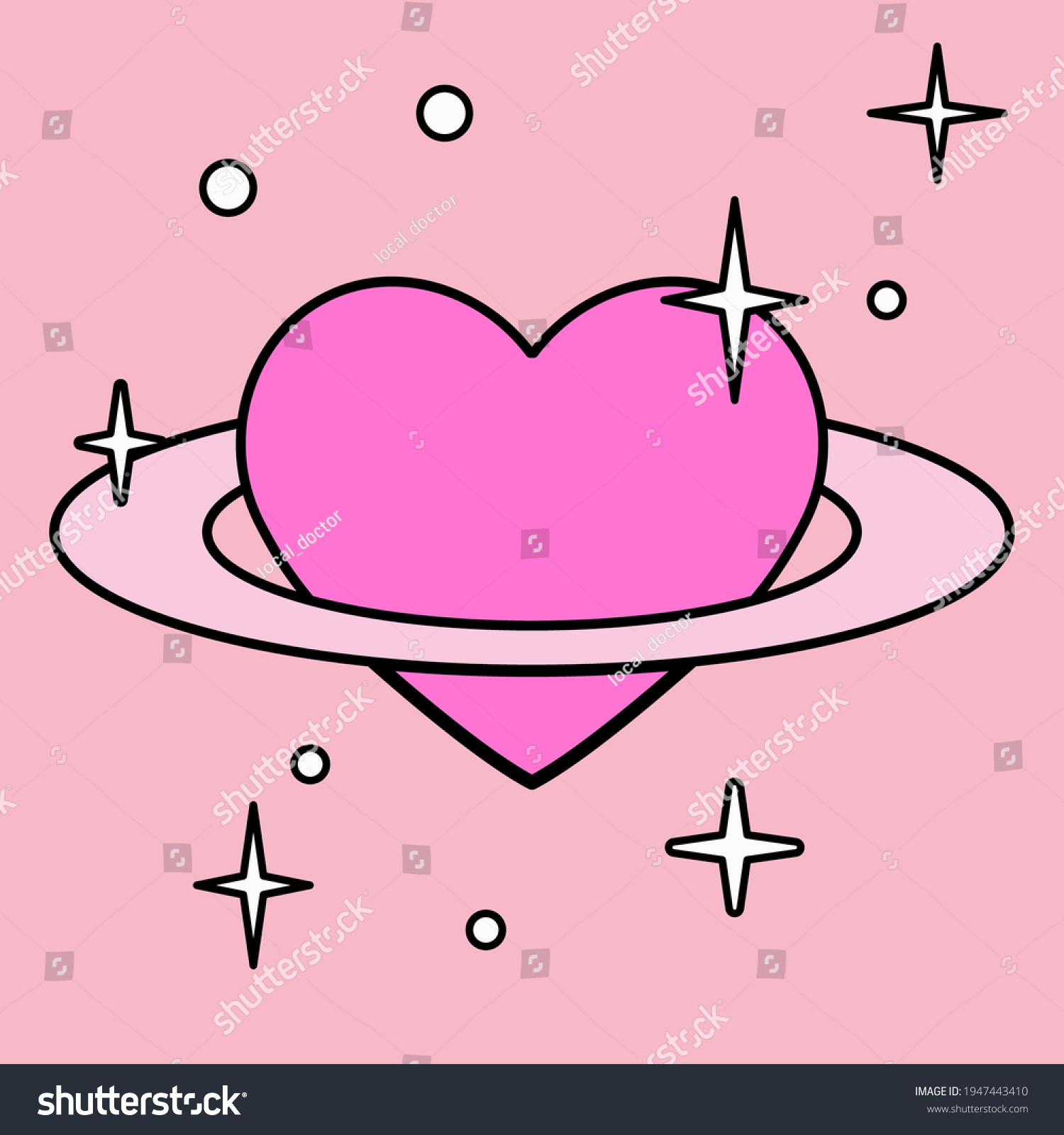 A heart with a ring around it that looks like the planet Saturn. Minimal illustration for a flash tattoo or sticker.