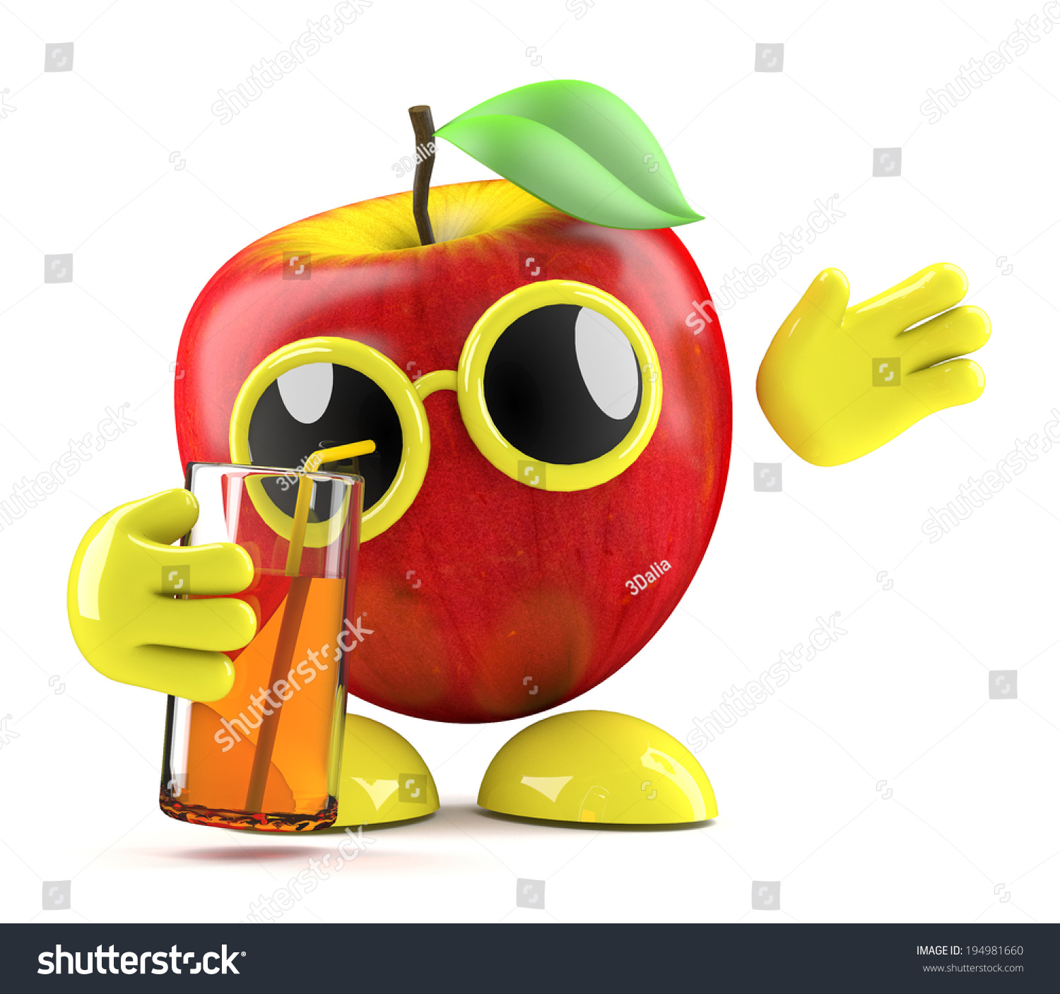 3d render of an apple character drinking juice from a glass