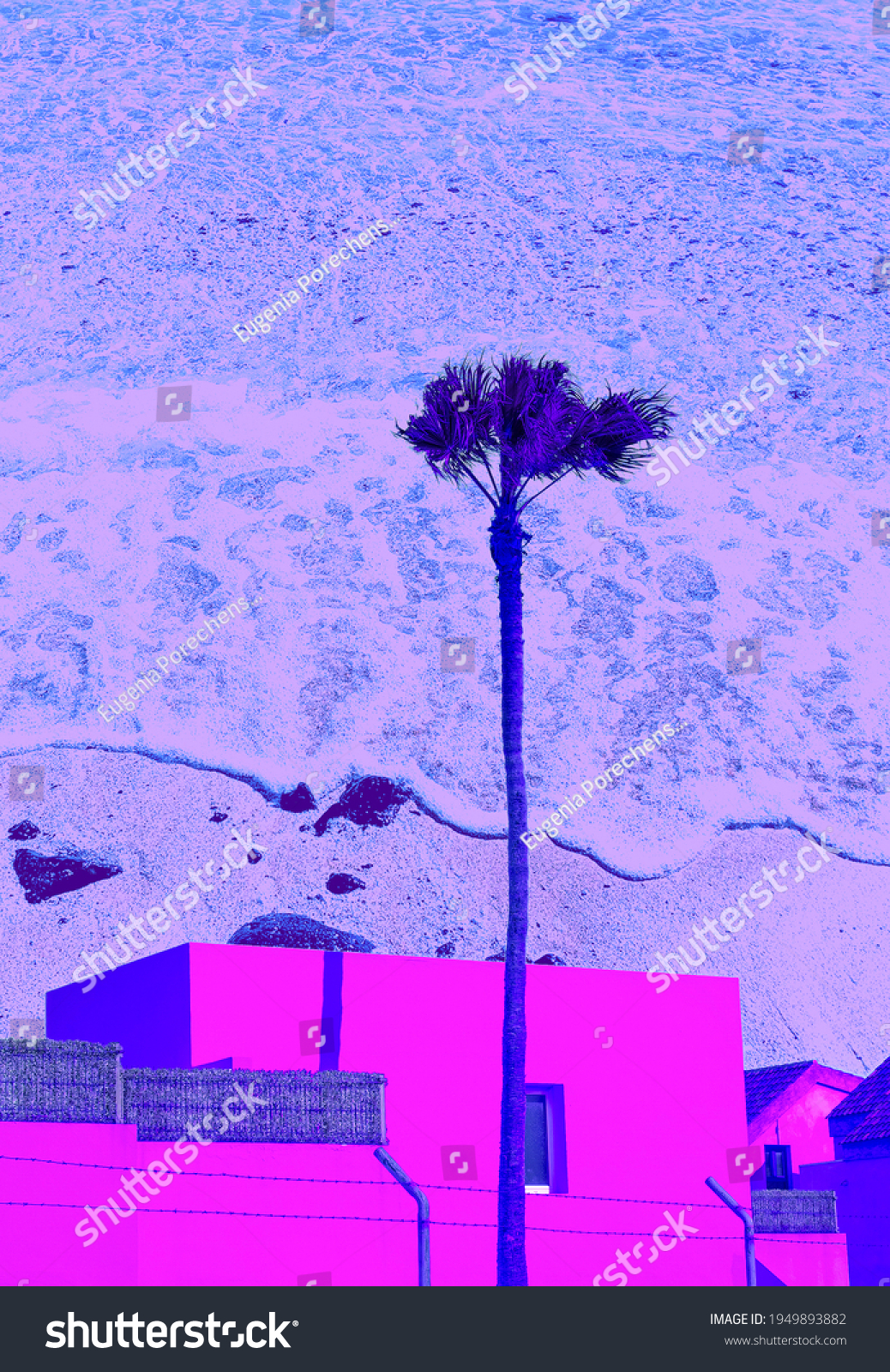 Fashion tropical collage art. Palm and ocean background. Travel concept