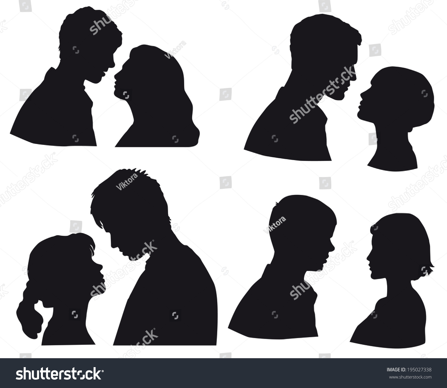 Set of silhouettes ?ouple in love  kiss moment. Love  kiss  sensuality. Isolated on white background  face in profile