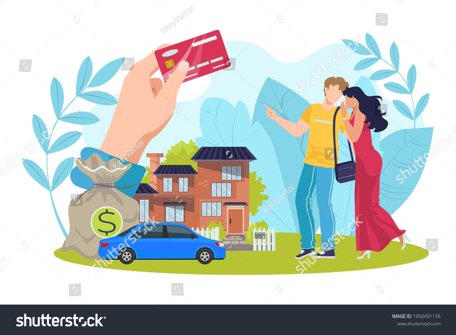 Financial credit for shopping  vector illustration. Man woman character use banking card for finance deposit and purchase. Economy business service