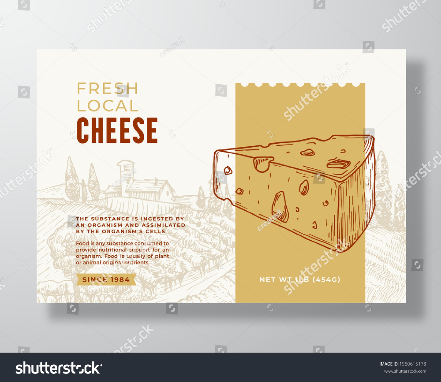 Fresh Cheese Food Label Template. Abstract Vector Packaging Design Layout. Modern Typography Banner with Hand Drawn Cheese Piece and Rural Landscape Background. Isolated.