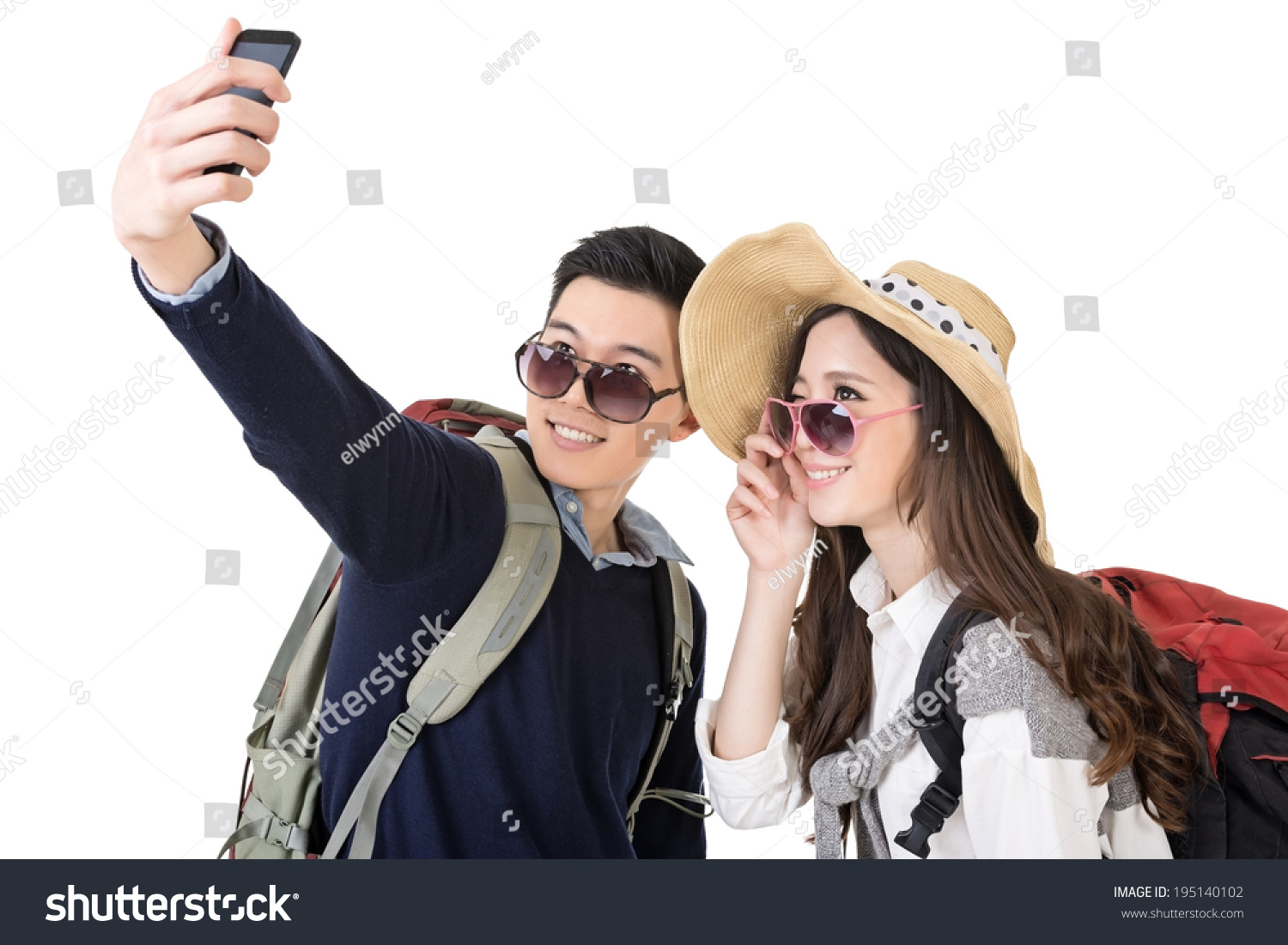 Asian young traveling couple selfie  full length portrait isolated on white background.