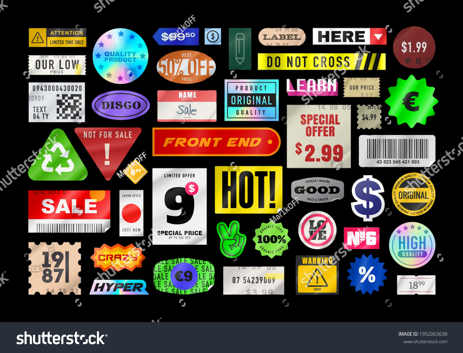 Sticker pack. Price stickers. Peeled Paper Stickers. Price Tag. Isolated on black background