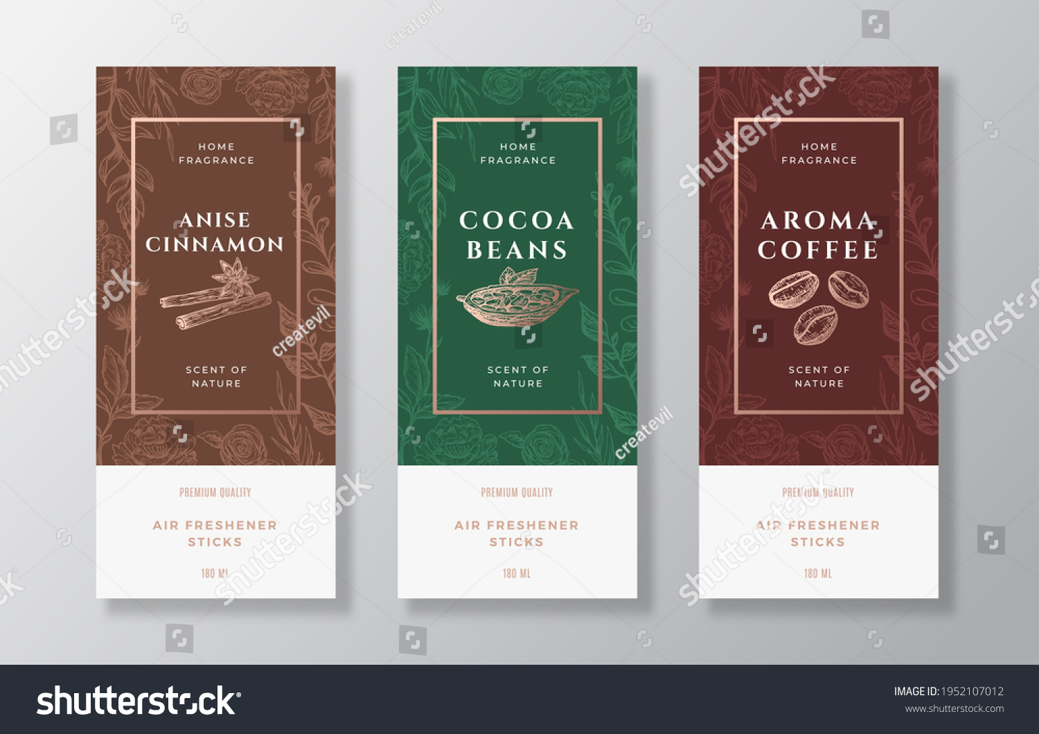 Home Fragrance Vector Label Templates Set. Hand Drawn Sketch Cinnamon  Coffee  Cocoa Beans and Flowers Background with Typography. Room Perfume Packaging Design Layout. Realistic Mockup. Isolated.