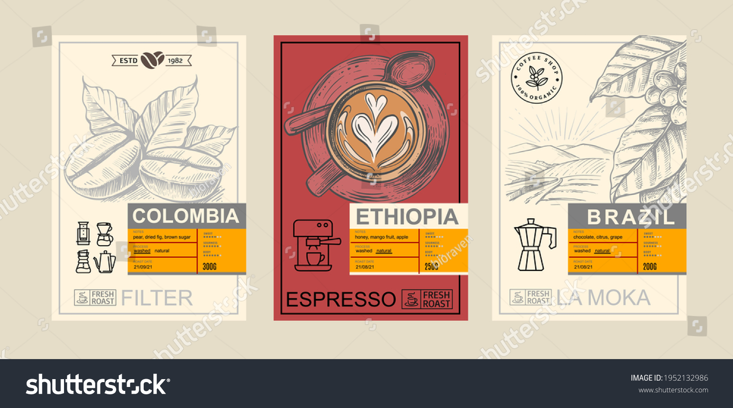 Packaging design for coffee. Sketch drawing art for packaging label. Beans  leaf brunch and cup cappuccino
