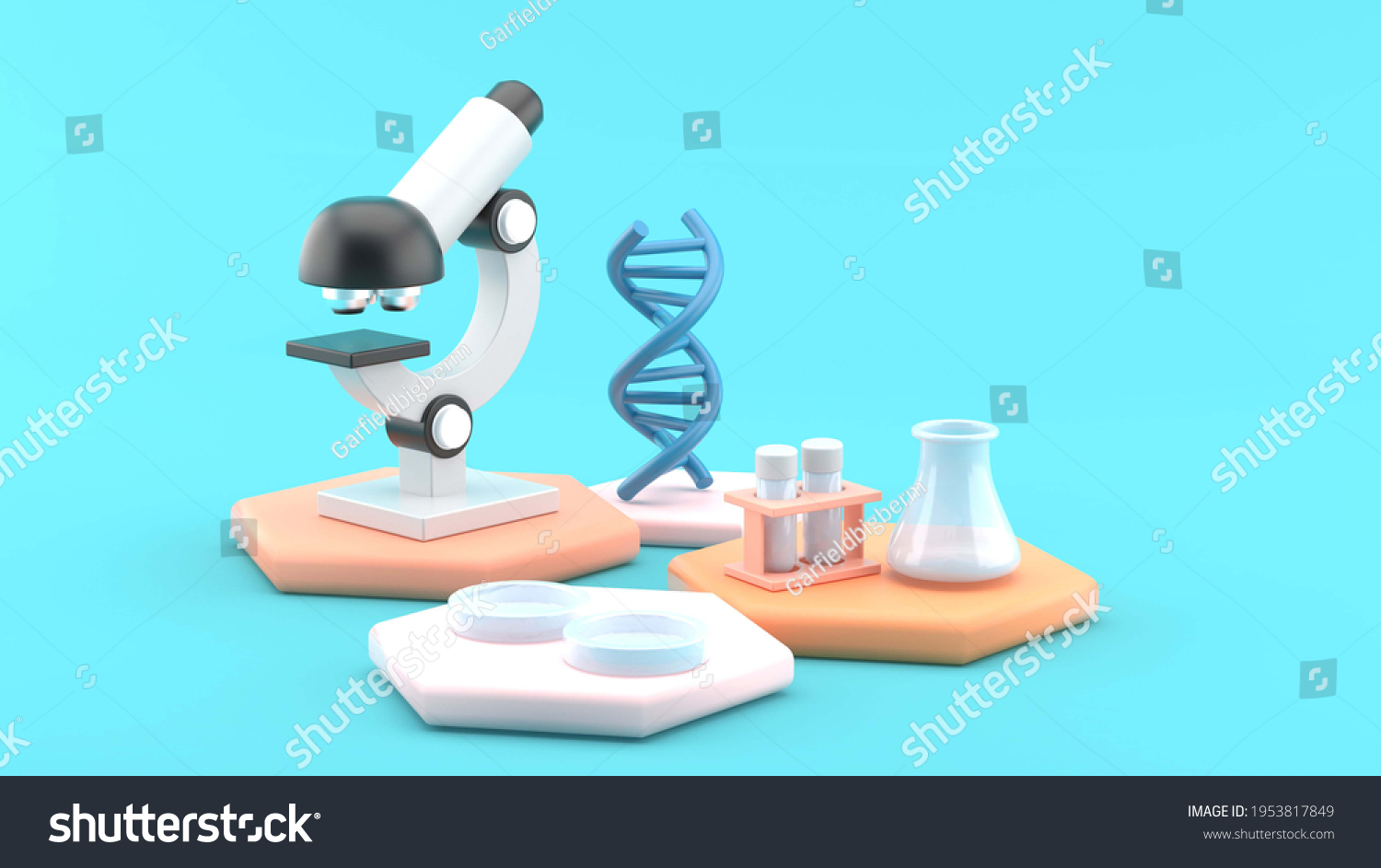 DNA surrounds microscopy and laboratory equipment on a blue background.-3d rendering.

