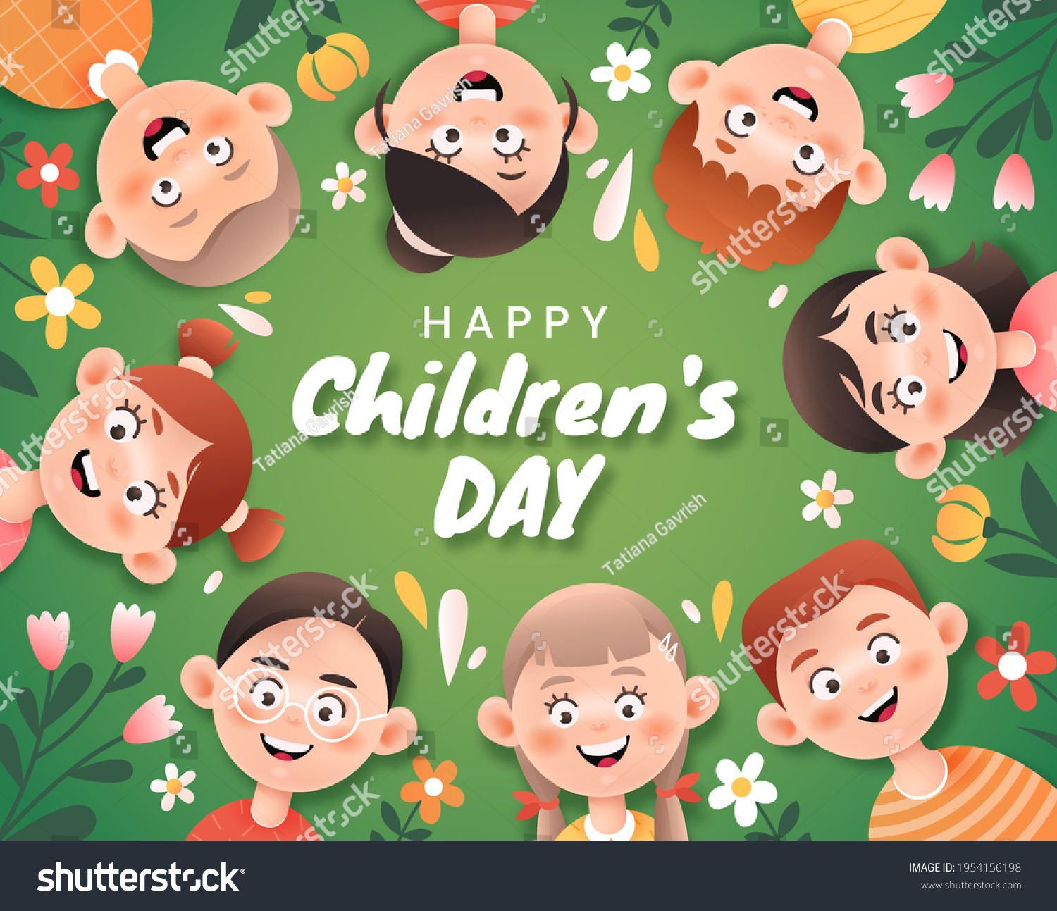 A group of cheerful children on a green background. World Children's Day. Colorful poster for childrens day. 