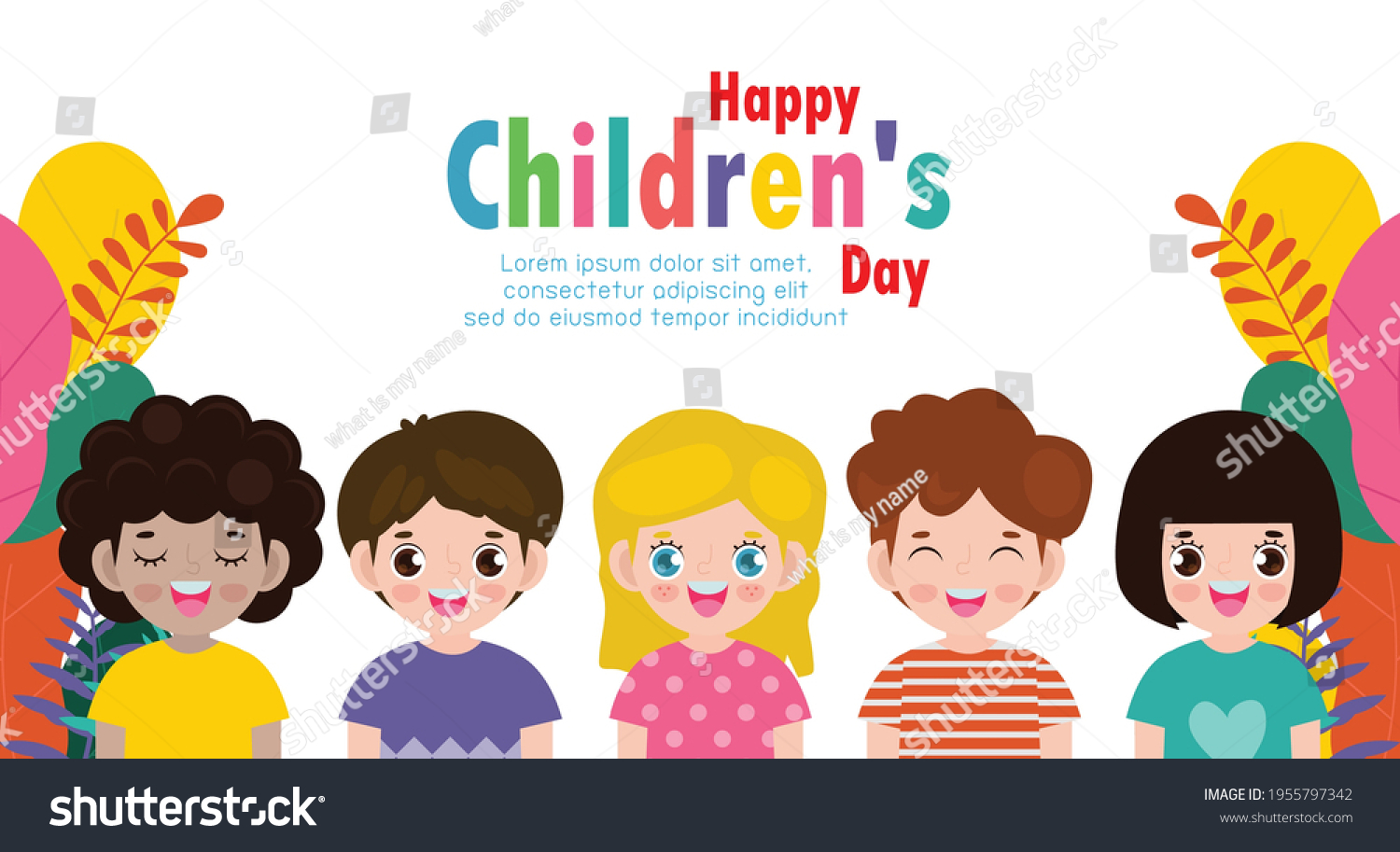 Happy children's day background poster with group cute kids and flowers  greeting card with holiday background isolated Vector illustration modern flat style