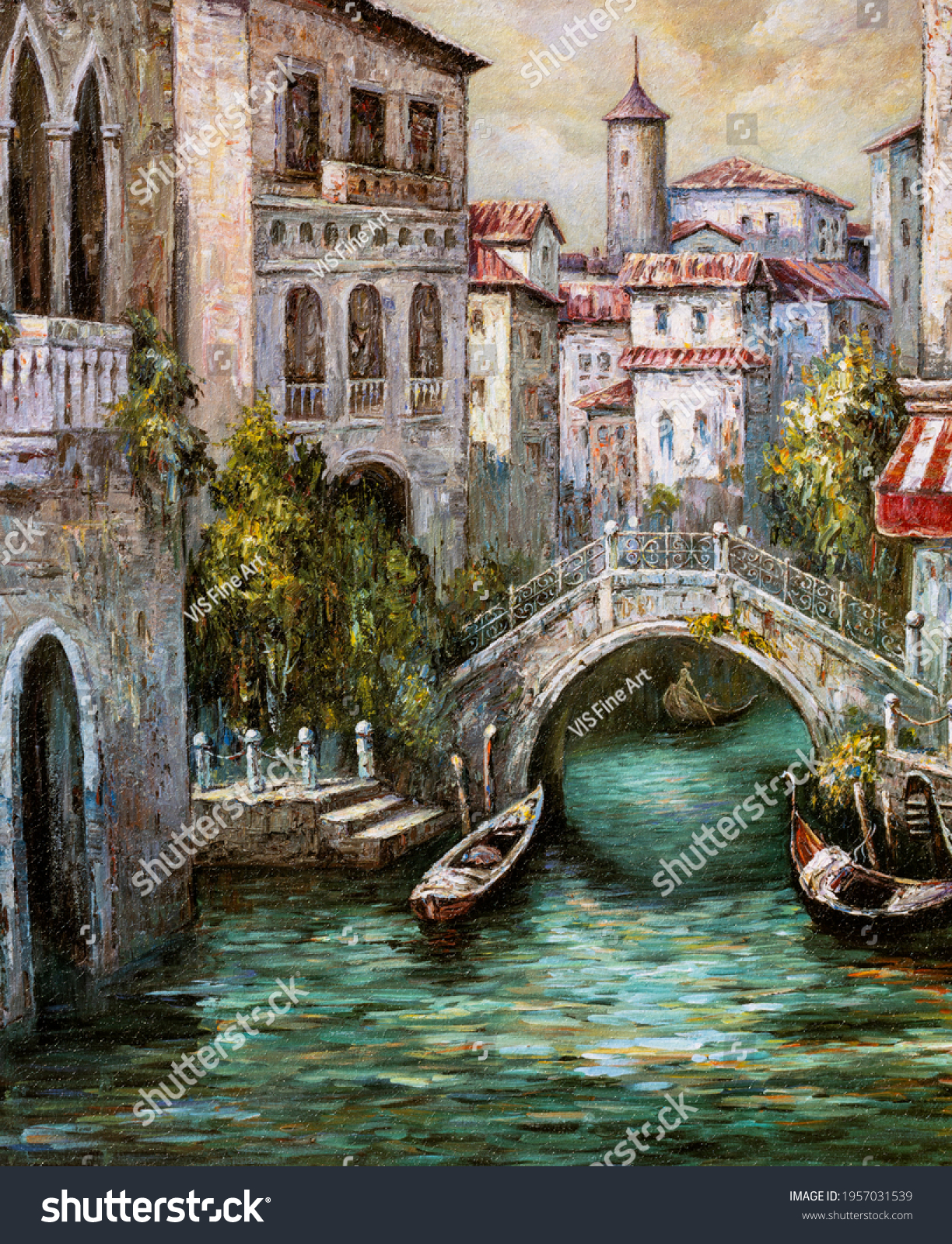 An oil painting of Venetian architecture and water canal in Venice  Italy.