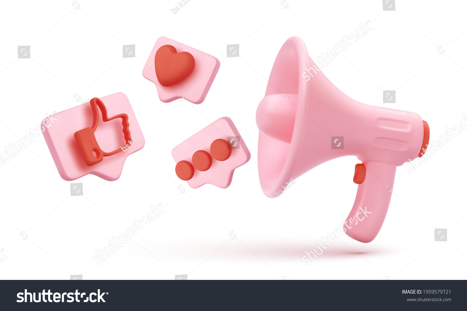 Pink megaphone with flying icons in bubbles isolated on white background. Vector illustration