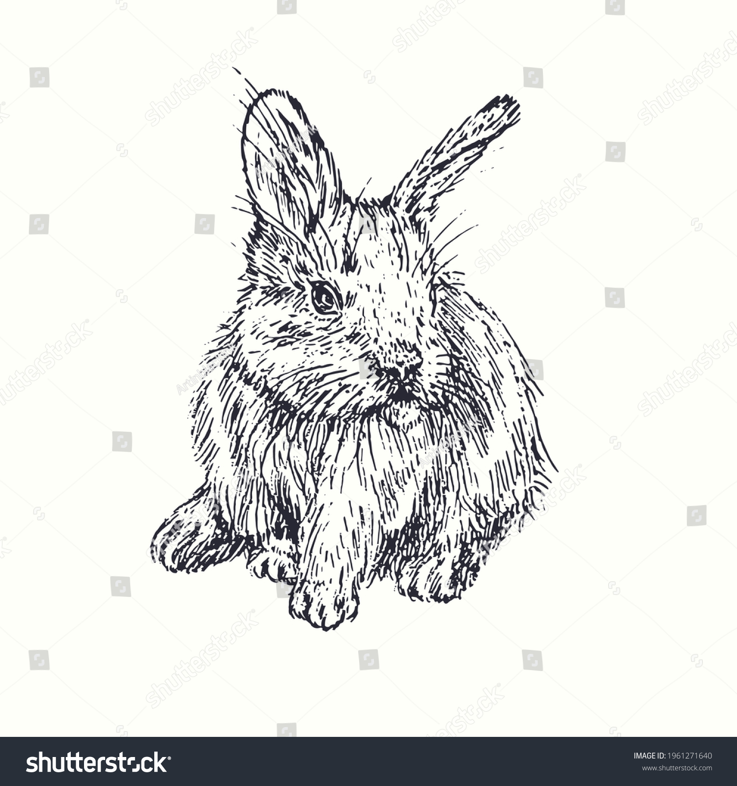 rabbitharesittingfrontviewinkblackandwhitedoodledrawinginwoodcut