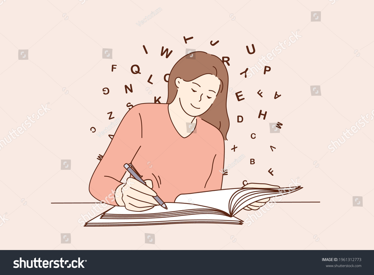 Education  copy space  writing concept. Young smiling woman sitting writing on blank notebook on table feeling creative and positive vector illustration