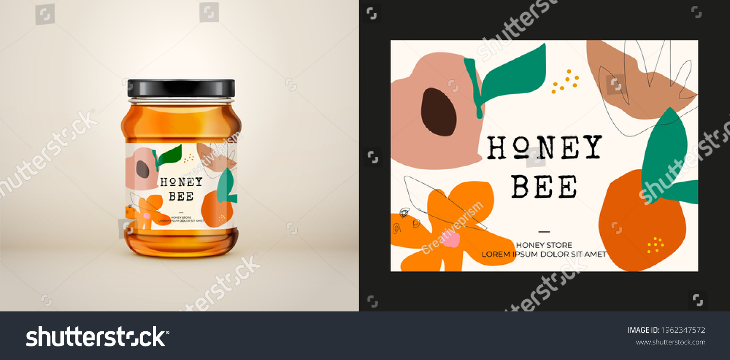 Packaging for honey. Honey logo. Wildflower honey label. Vector hand drawn illustration. Honey packaging design elements for apiary and beekeeping products  branding and identity