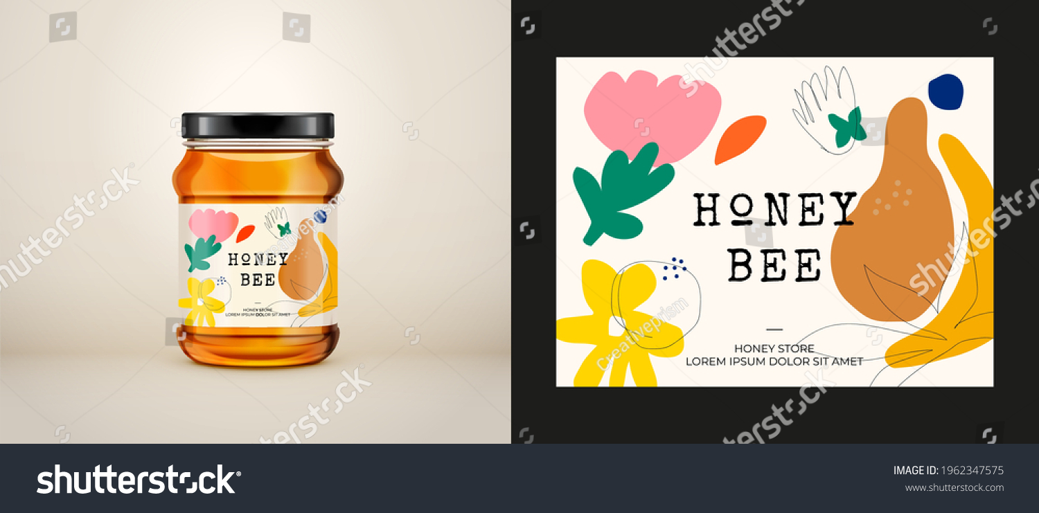 Packaging for honey. Honey logo. Wildflower honey label. Vector hand drawn illustration. Honey packaging design elements for apiary and beekeeping products  branding and identity