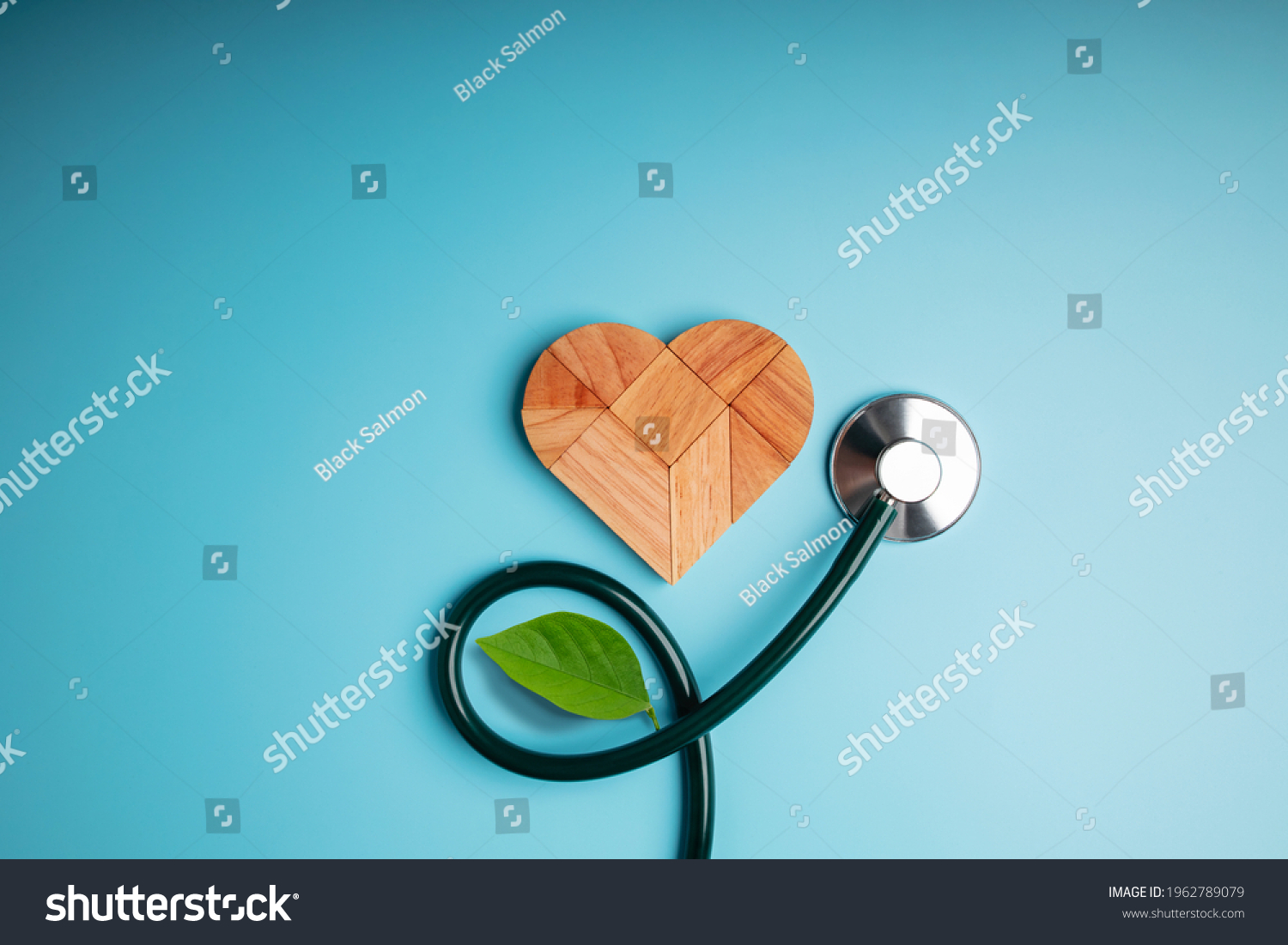 Health Care Harmony and Organic Healthy Lifestyle Concept. Living and Close to Nature. Wooden Jigsaw as Heart Shape with Stethoscope and Leaf. Look like Flower Plant. Growth of Love and Relationship