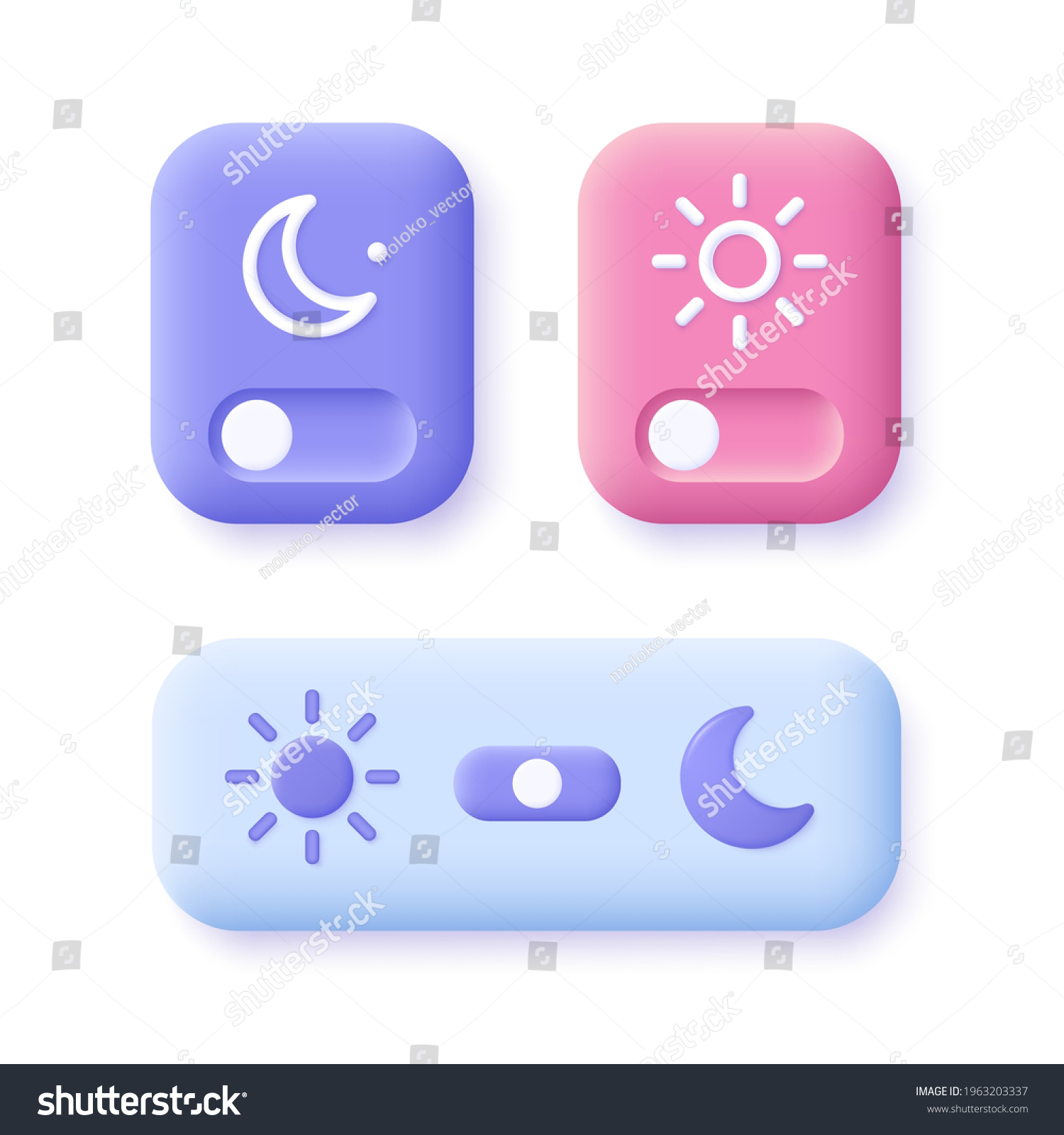 Day and night mode switch icon set - 
. Interface ui symbol concept. On Off or Light and Dark Buttons. 3d vector illustration.