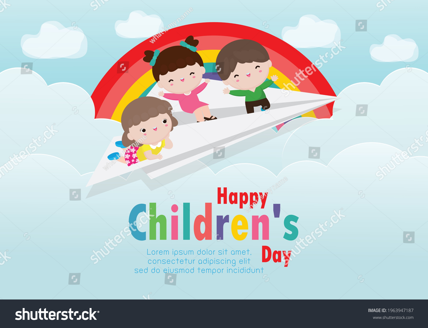 Happy children's day background poster with happy three kids flying on a paper airplane in the cloudy sky and rainbow greeting card isolated vector illustration