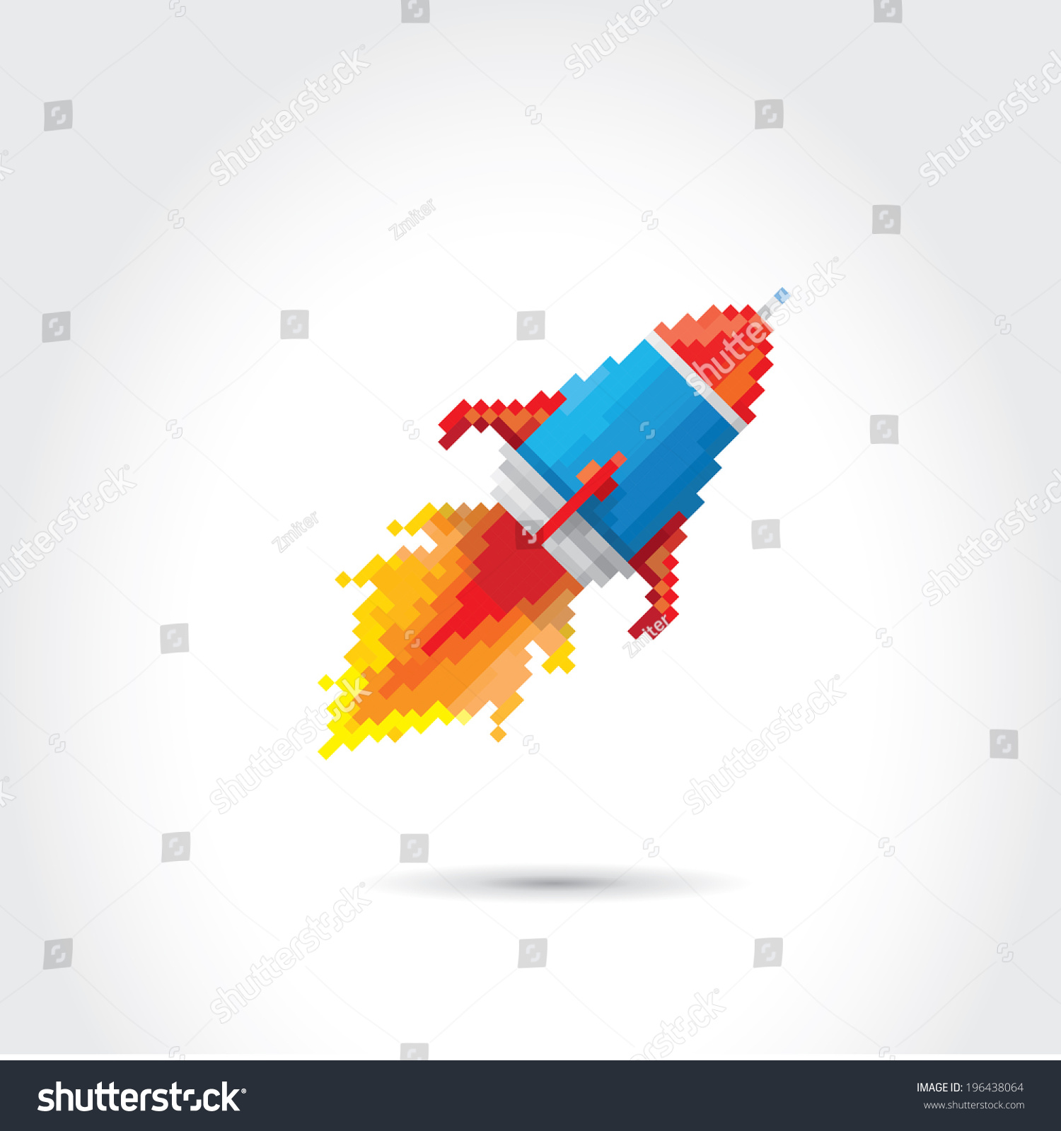 vector flat pixel art rocket on stylish grey background. rocket launch or business startup icon