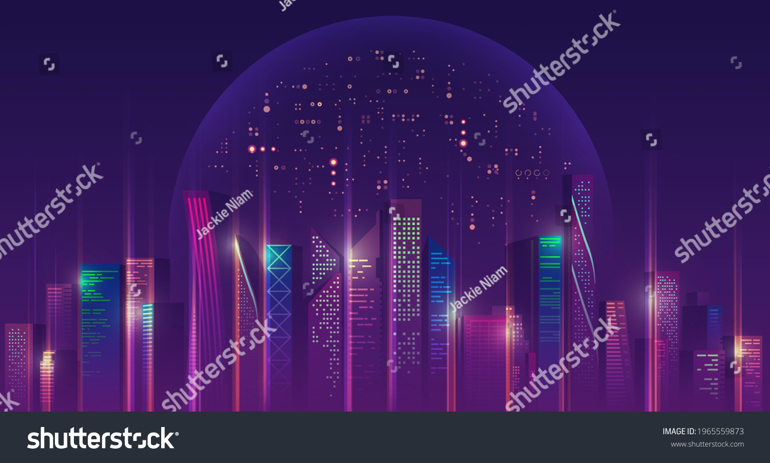 Graphic of futuristic city with outer space and purple planet as a background