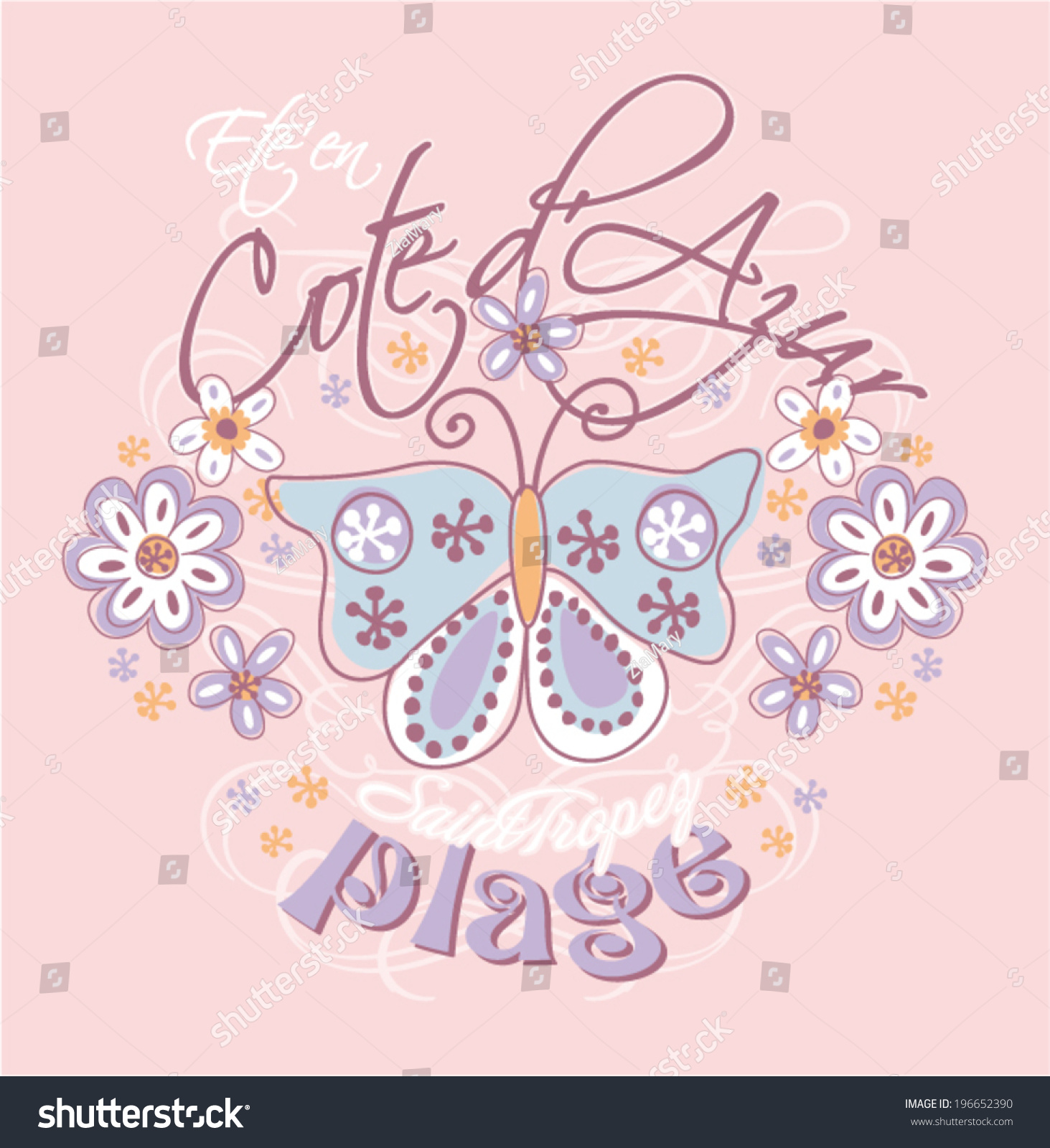 Azure coast with butterfly and flowers - Prints for girls wear in custom colors