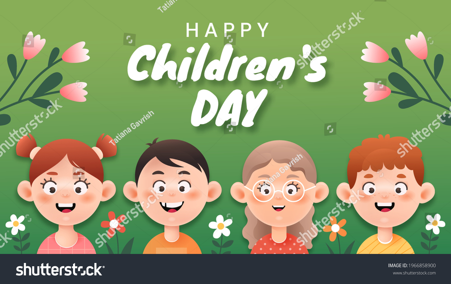 A group of cheerful children on a green background. World Children's Day. Colorful horizontal card for childrens day. 