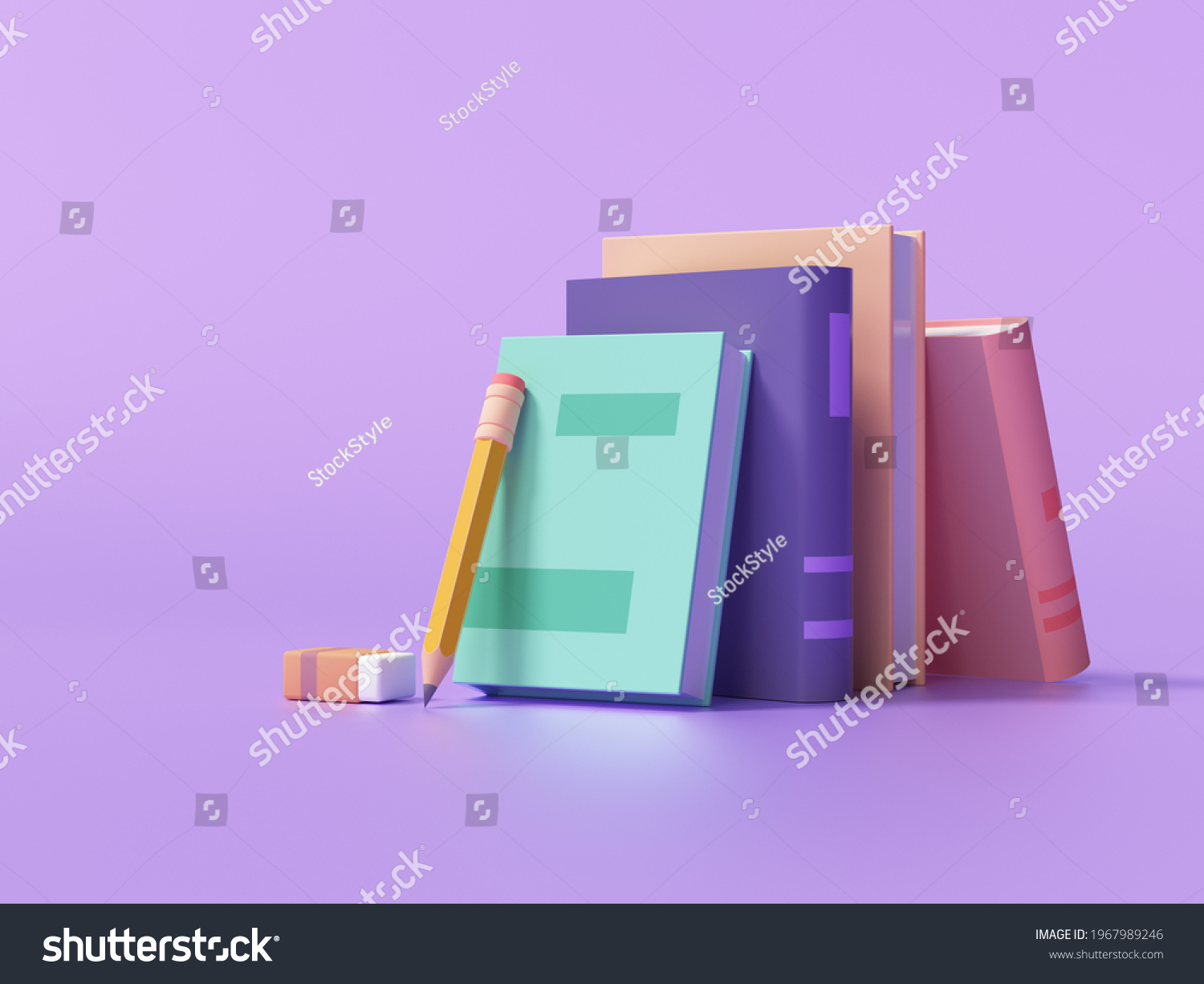 Online education  E-learning concept. stack of books  bookshelf. 3d render illustration