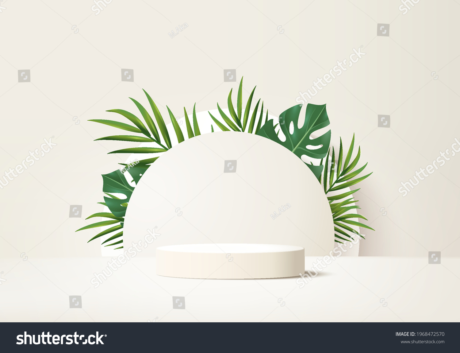 3d background products display podium scene with palm leaf geometric platform. background vector 3d render with podium. stand to show cosmetic product. Stage showcase on pedestal display beige studio
