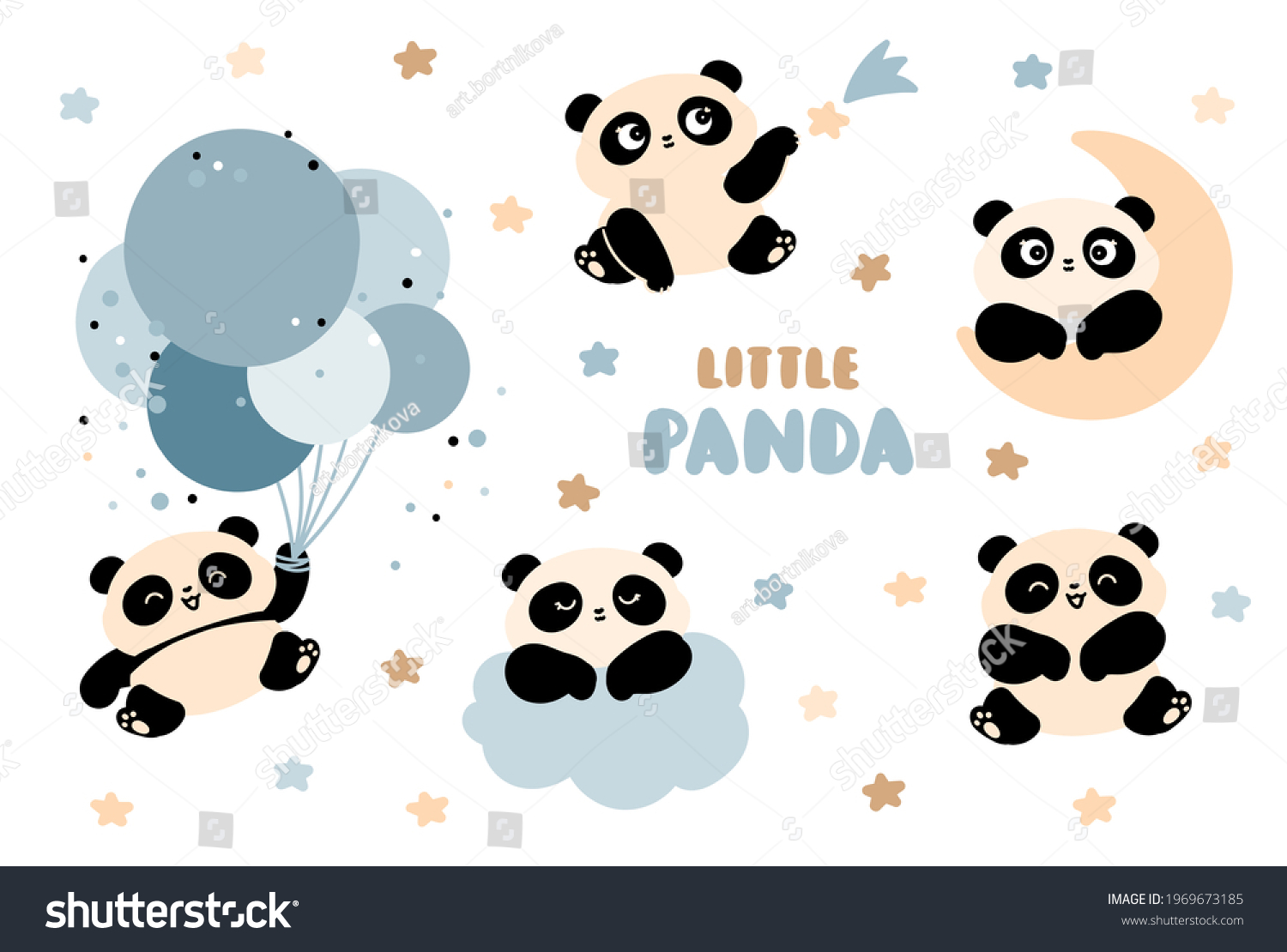 Cute panda set. Stars moon and clouds for sleep design. Panda flies in ...