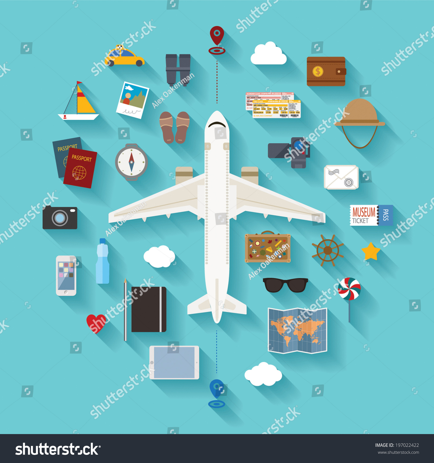 Vector modern flat style icons set for tourism industry  traveling on airplane  planning summer vacations.