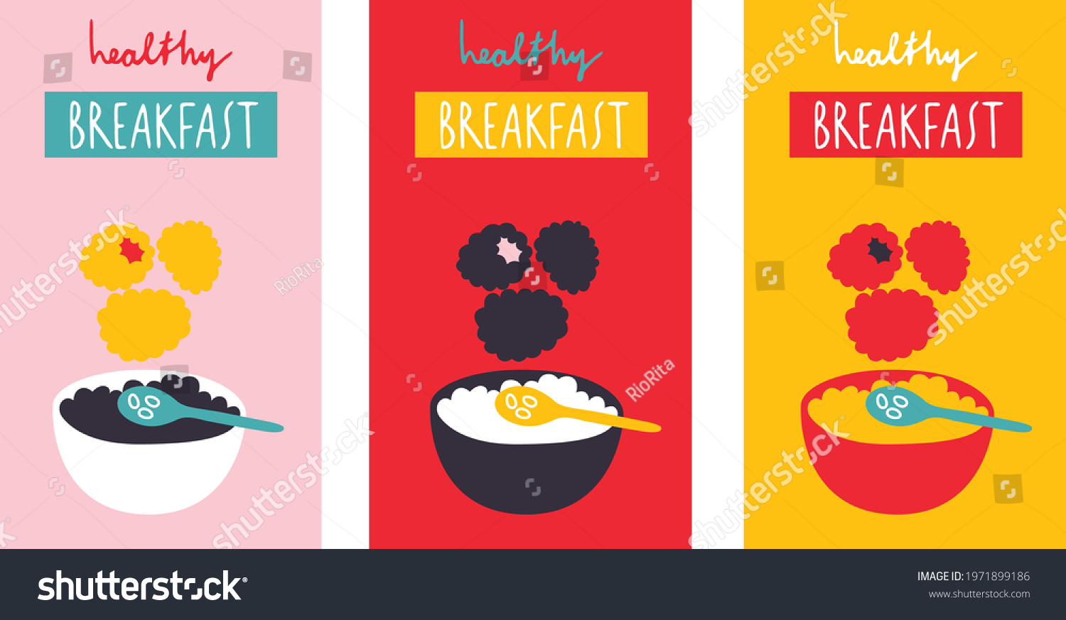 Healthy Breakfast logo set for products  organic shops  packaging and advertising. Muesli and fruit. Abstract flat stickers  emblems and labels for muesli. Graphic design editable for your design.