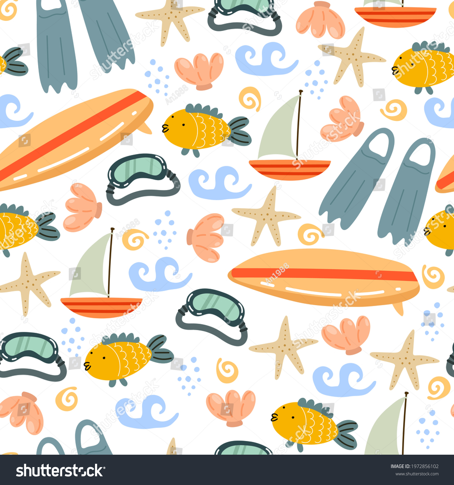 summer seamless pattern with cartoon Flippers swimming mask fish boat ...