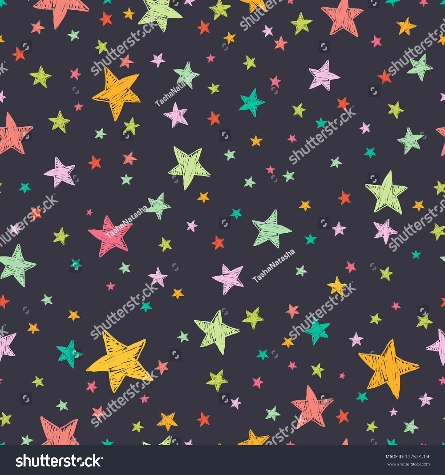 Seamless pattern with night sky and colorful hand drawn doodle stars. Vector tiling background.