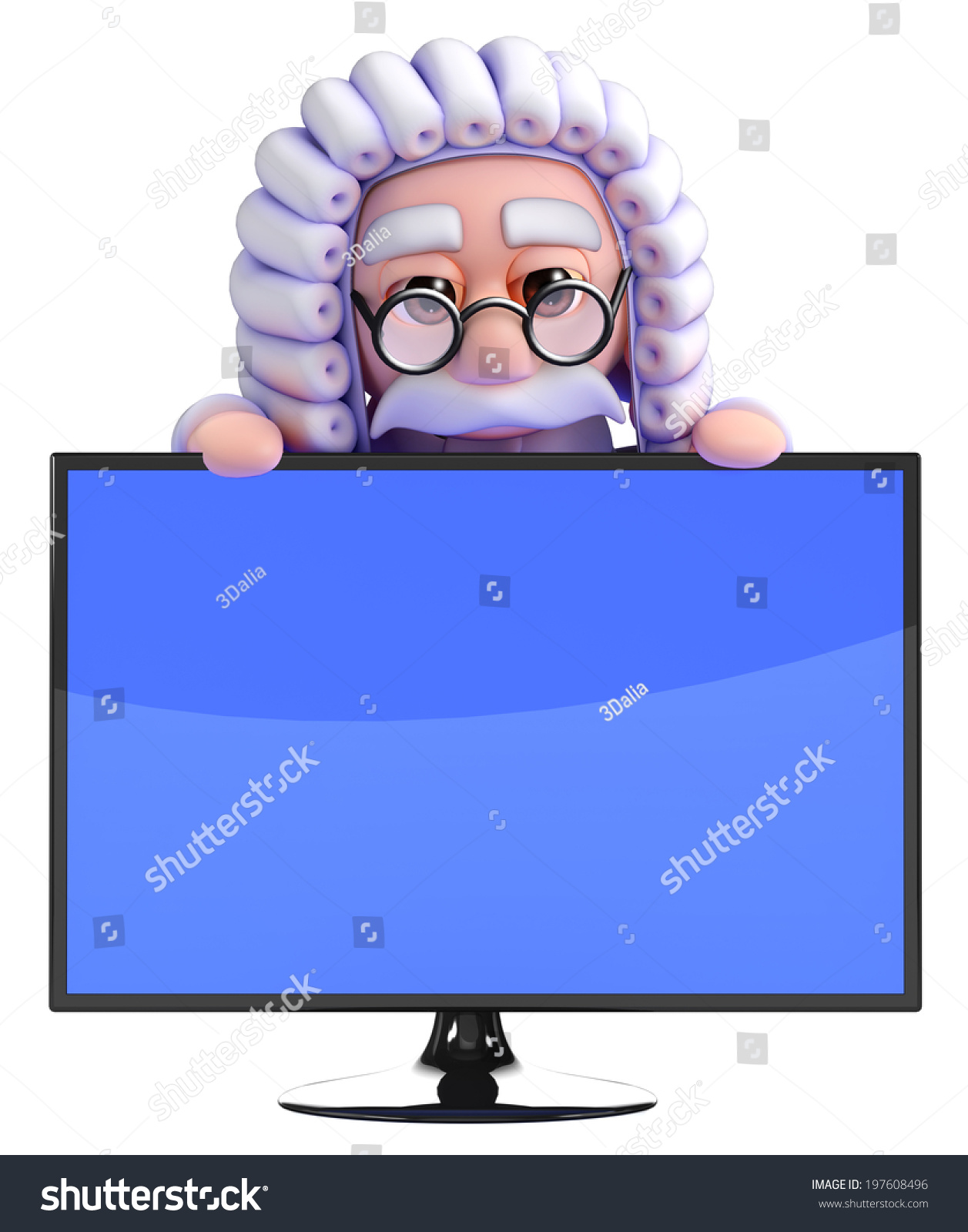 3d render of a judge looking over the top of a widescreen television monitor