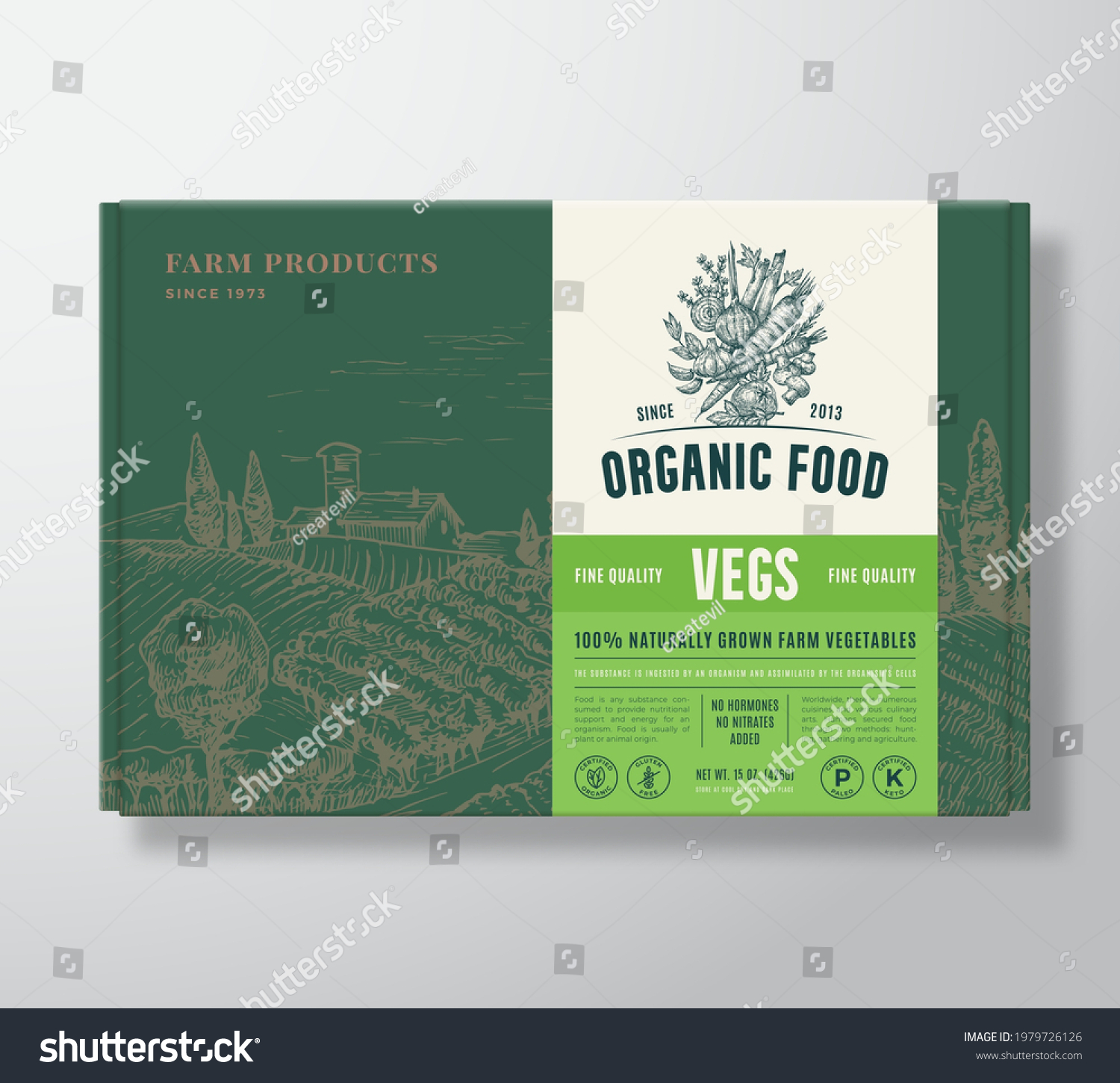 Premium Quality Food Mock Up. Organic Vector Packaging Label Design on a Cardboard Box Container. Modern Typography and Hand Drawn Vegetables  Herbs and Rural Landscape Sketch Background Layout.