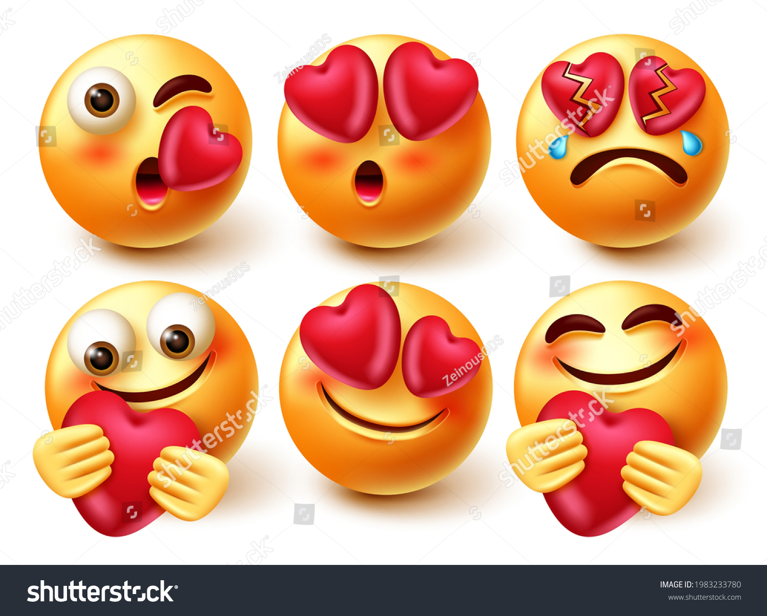 Emoticon love vector character set. In love 3d emoji characters with expressions like kiss  crying and holding heart for in love and care cute emojis collection design. Vector illustration