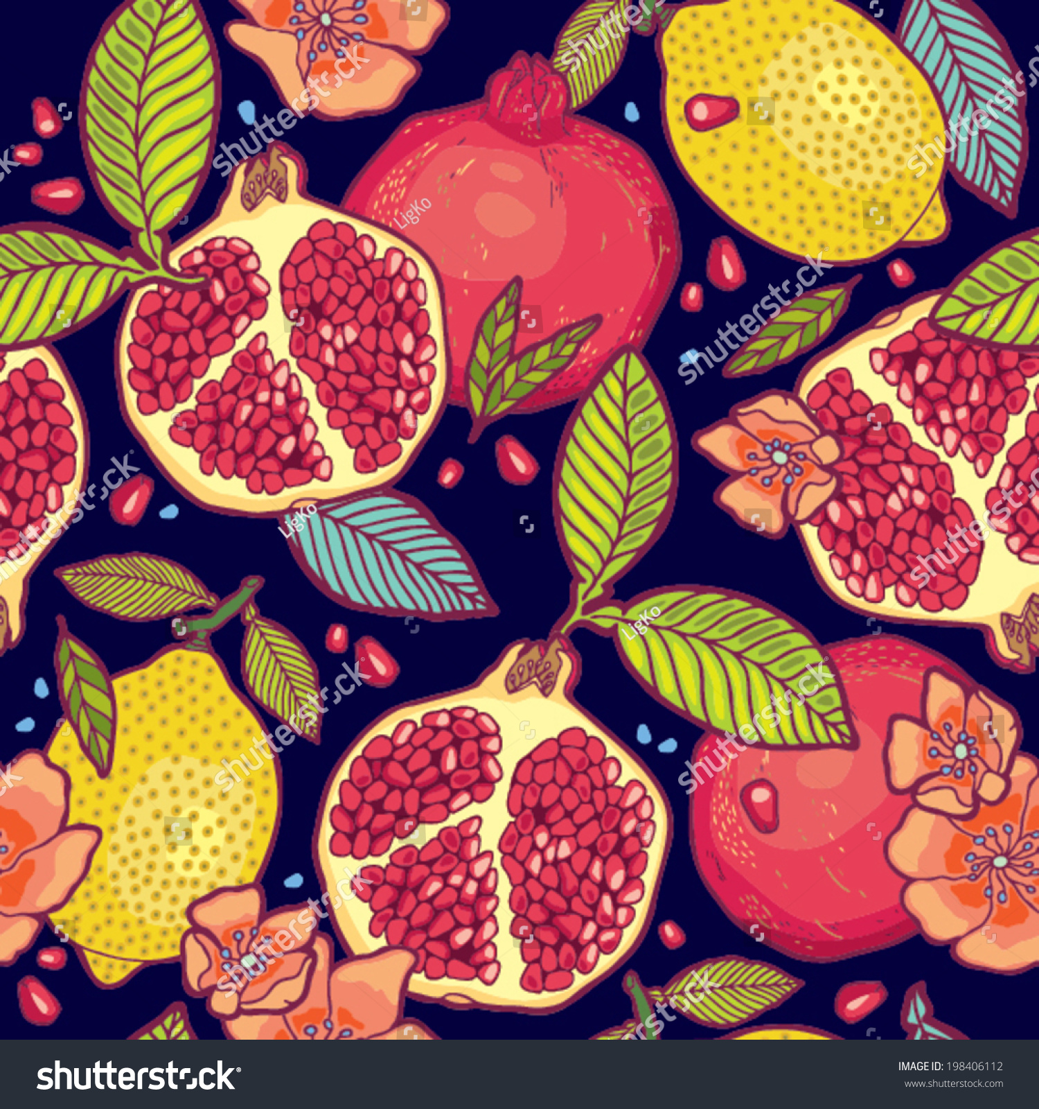 Tropical fruits garden at night vector pattern.
