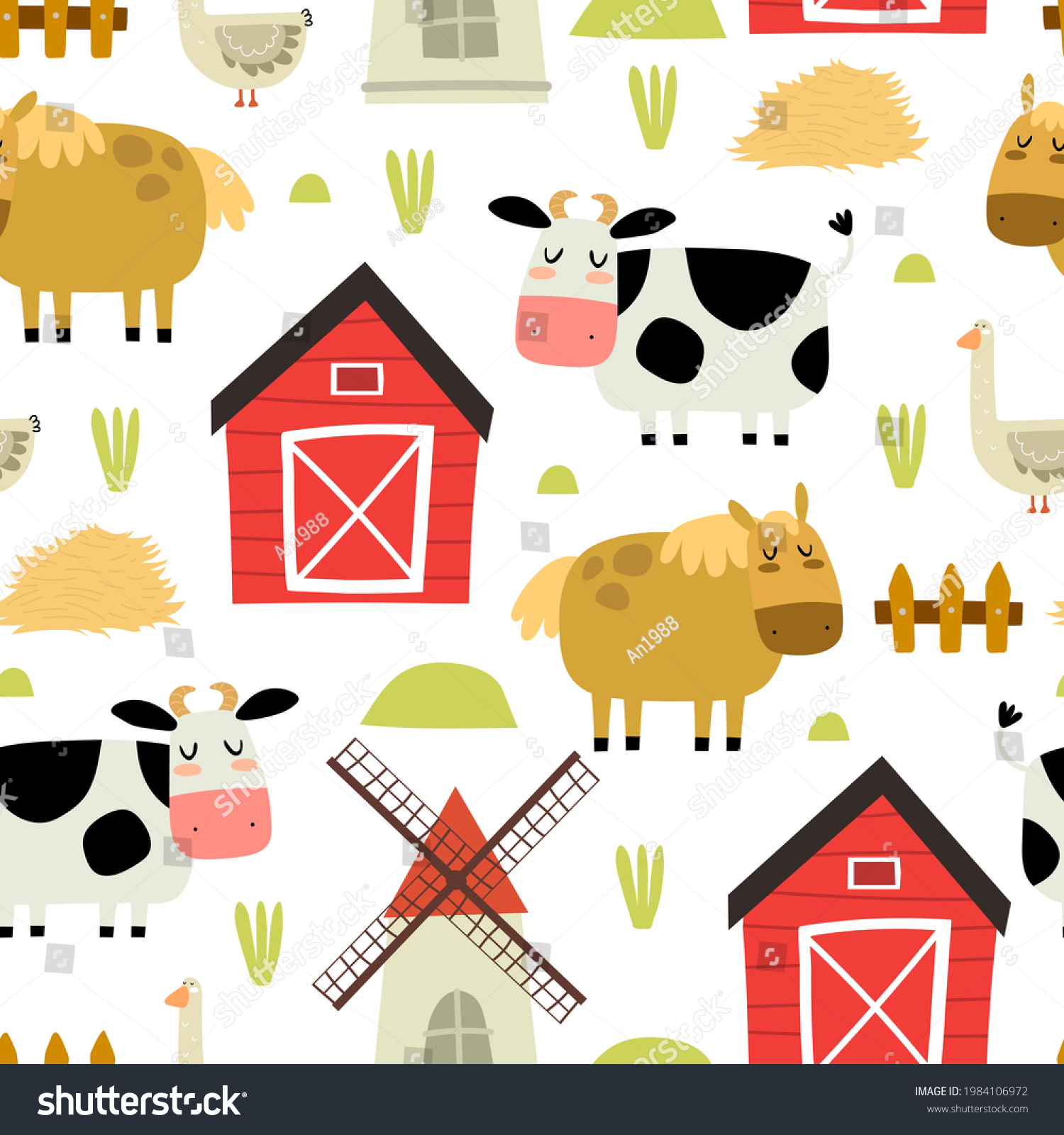 Seamless pattern with cartoon cow goose horse barn mill decor elements ...