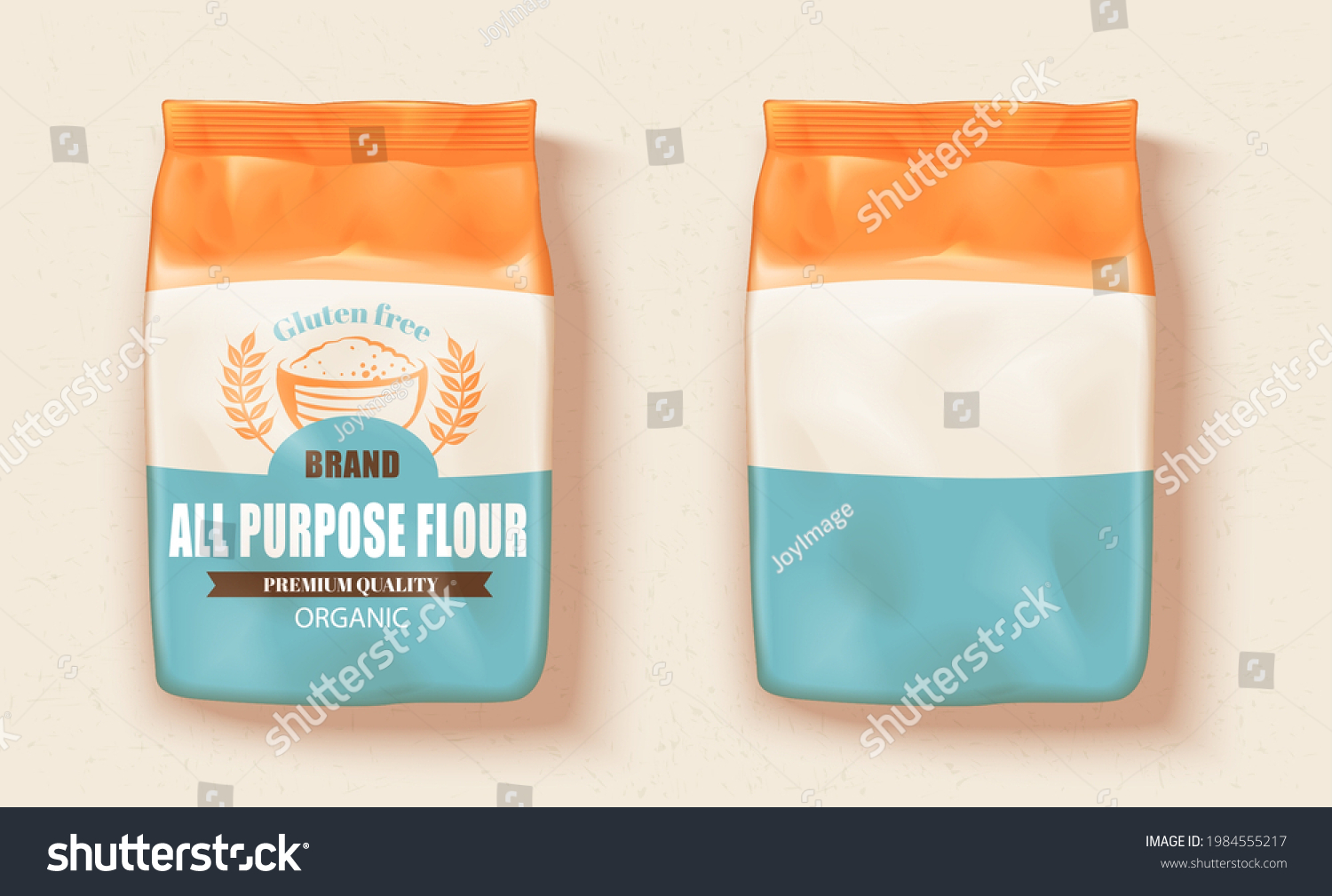 All-purpose flour package design. Mockup of two packages of all-purpose flour  one with a label on it and one without