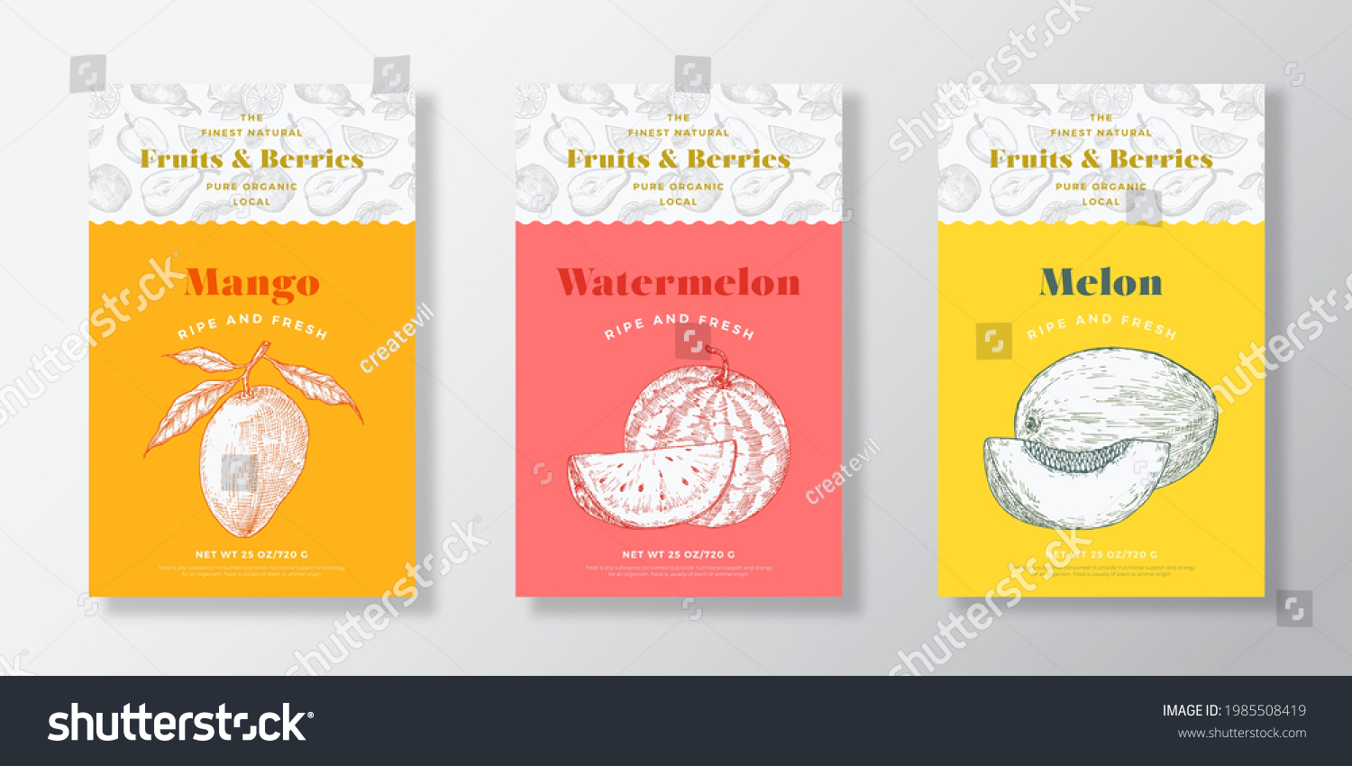 Fruits and Berries Pattern Label Templates Set. Vector Packaging Design Layout Collection. Modern Typography Banner with Hand Drawn Mang  Melon and Watermelon Sketches Background. Isolated.