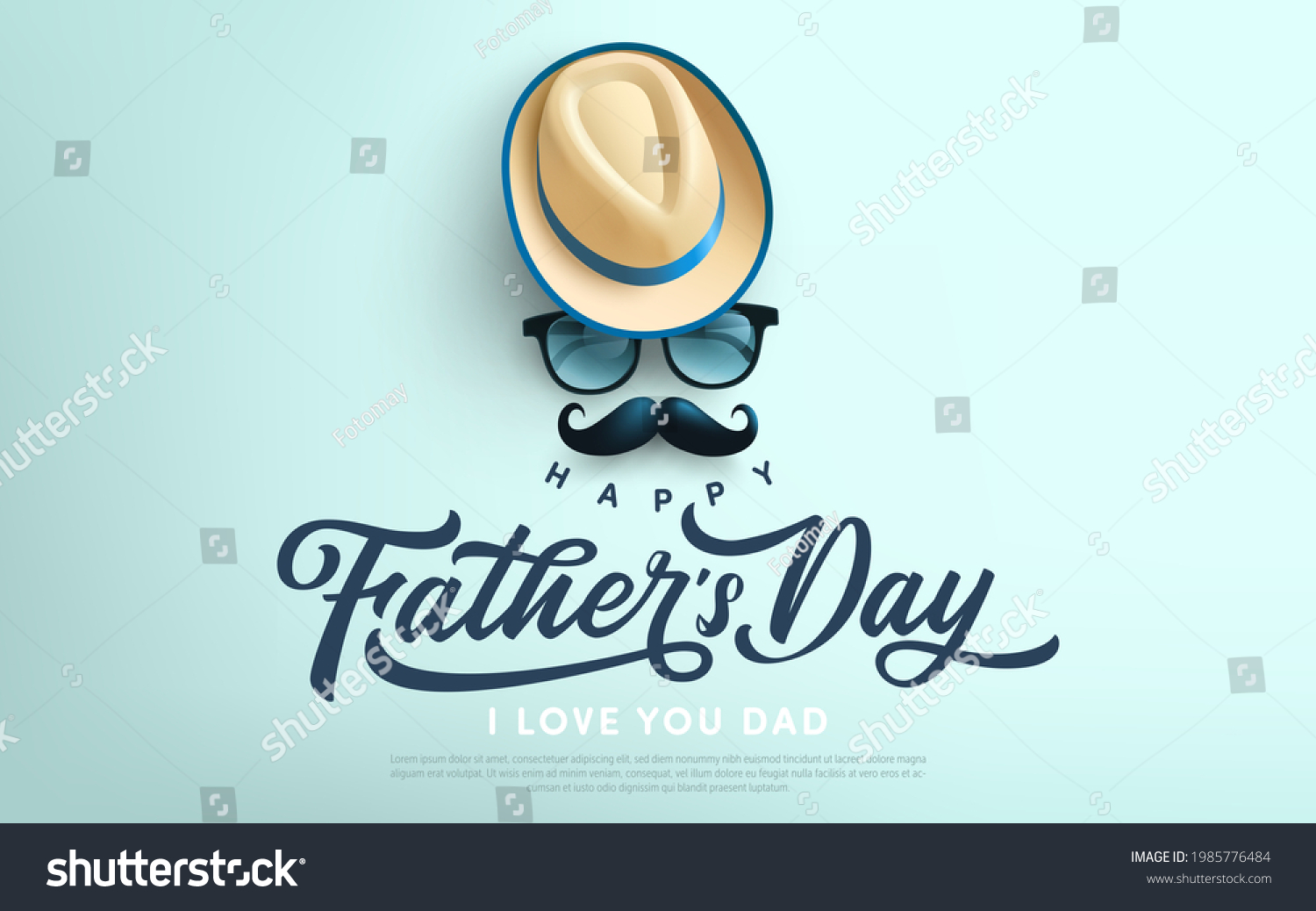 Father's Day poster or banner template with symbol of Dad from hat glasses and mustache.Greetings and presents for Father's Day in flat lay styling.Promotion and shopping template for love dad