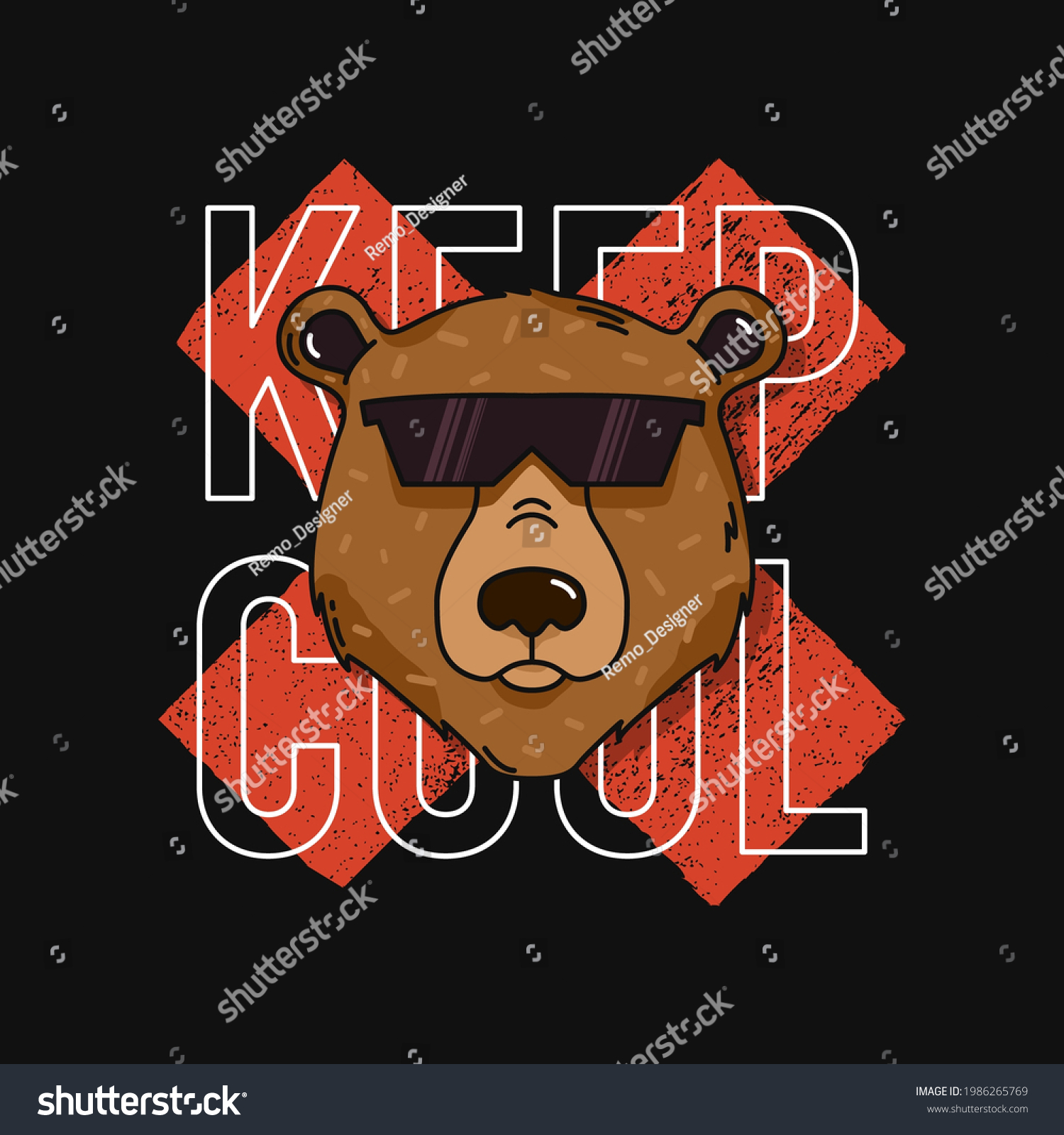 T-shirt design with bear in sunglasses and slogan - keep cool. Typography graphics for tee shirt. Vector illustration.